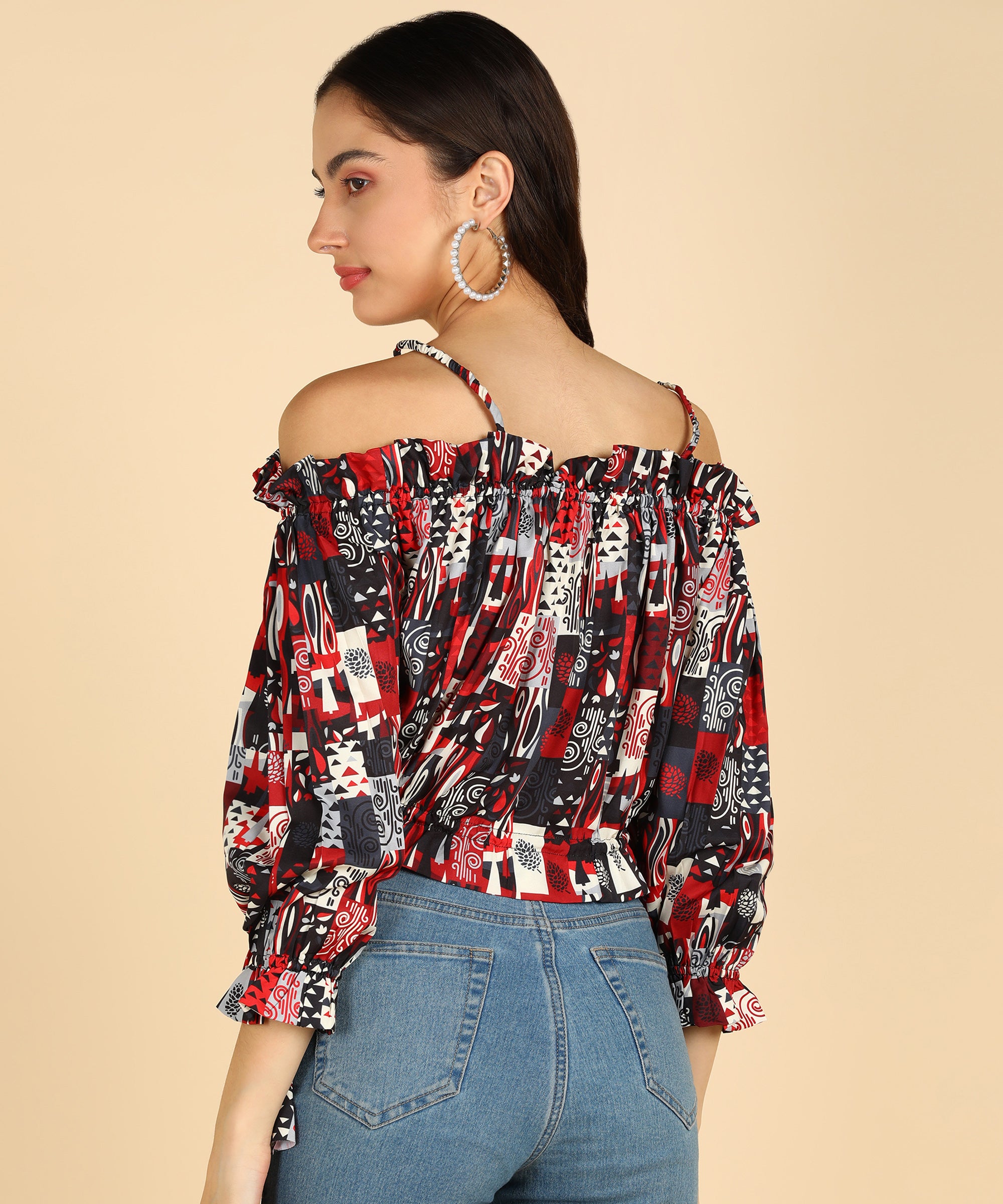 Black & Red Printed Off Shoulder Top
