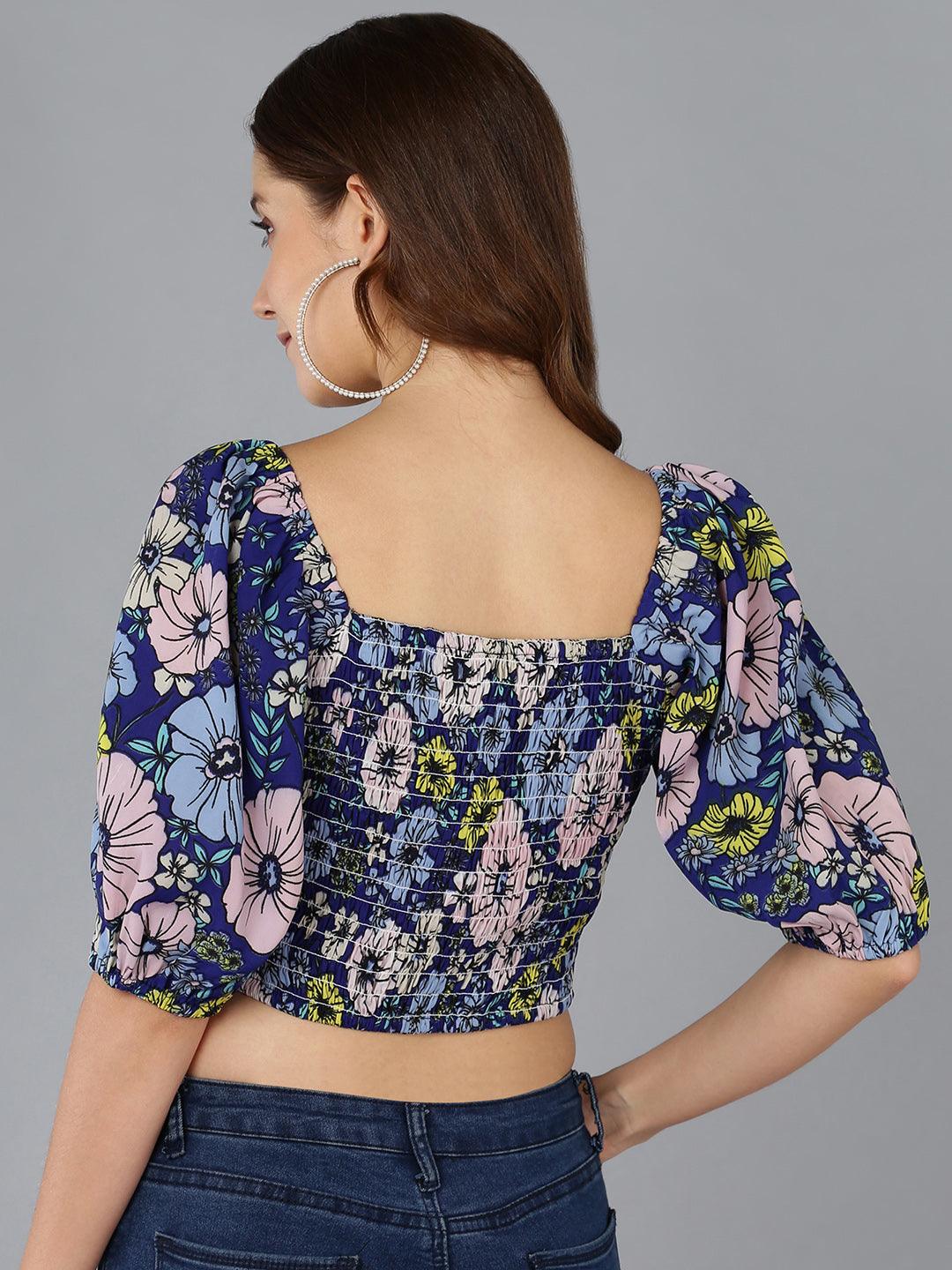 Smocked Floral Printed Blue Crop Top - Znxclothing