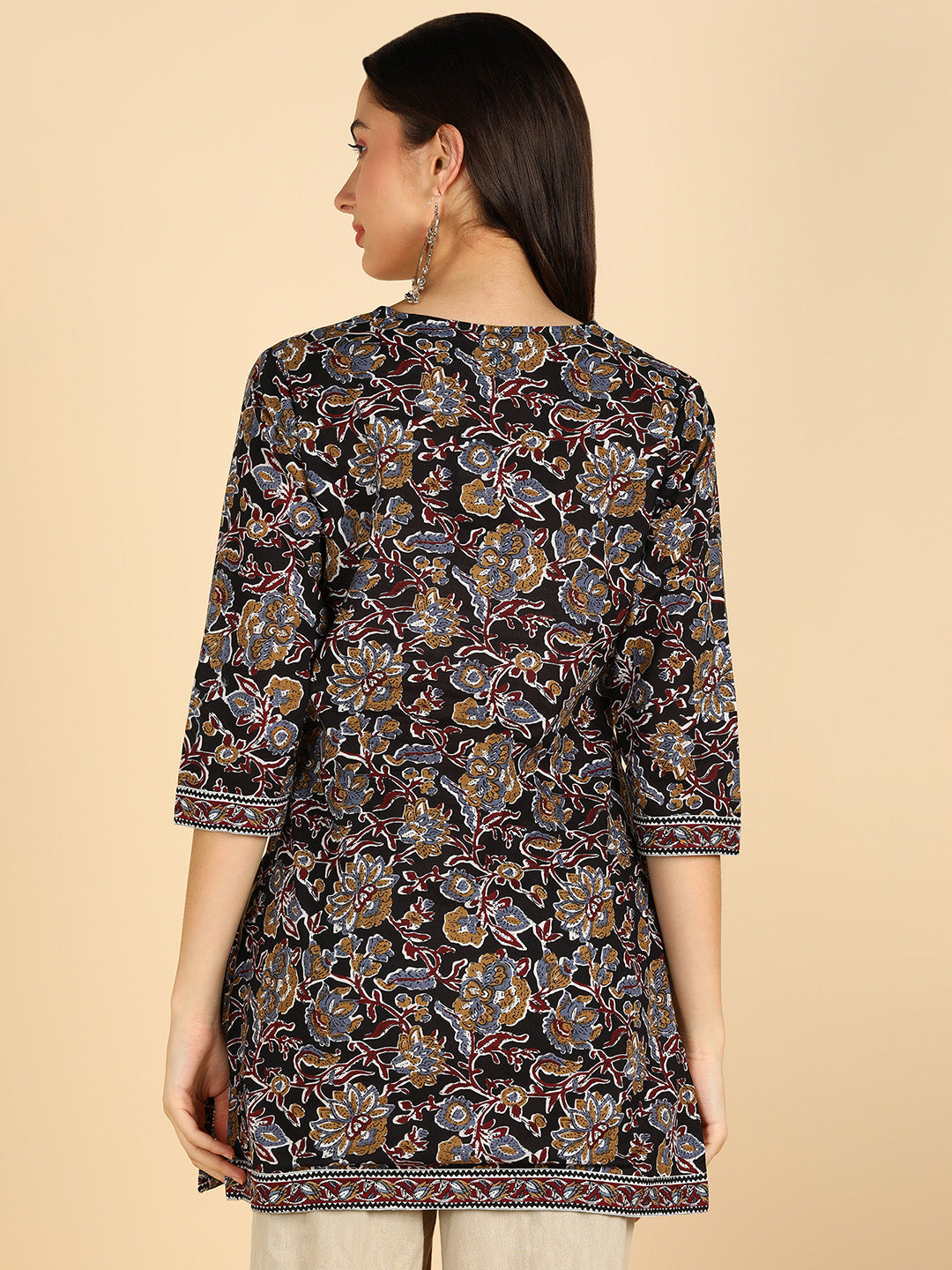 White Floral Printed Black Straight Kurti With Border Details