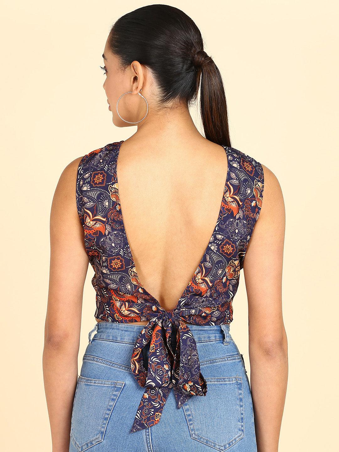 Floral Printed Back Tie-up Crop Top - Znxclothing