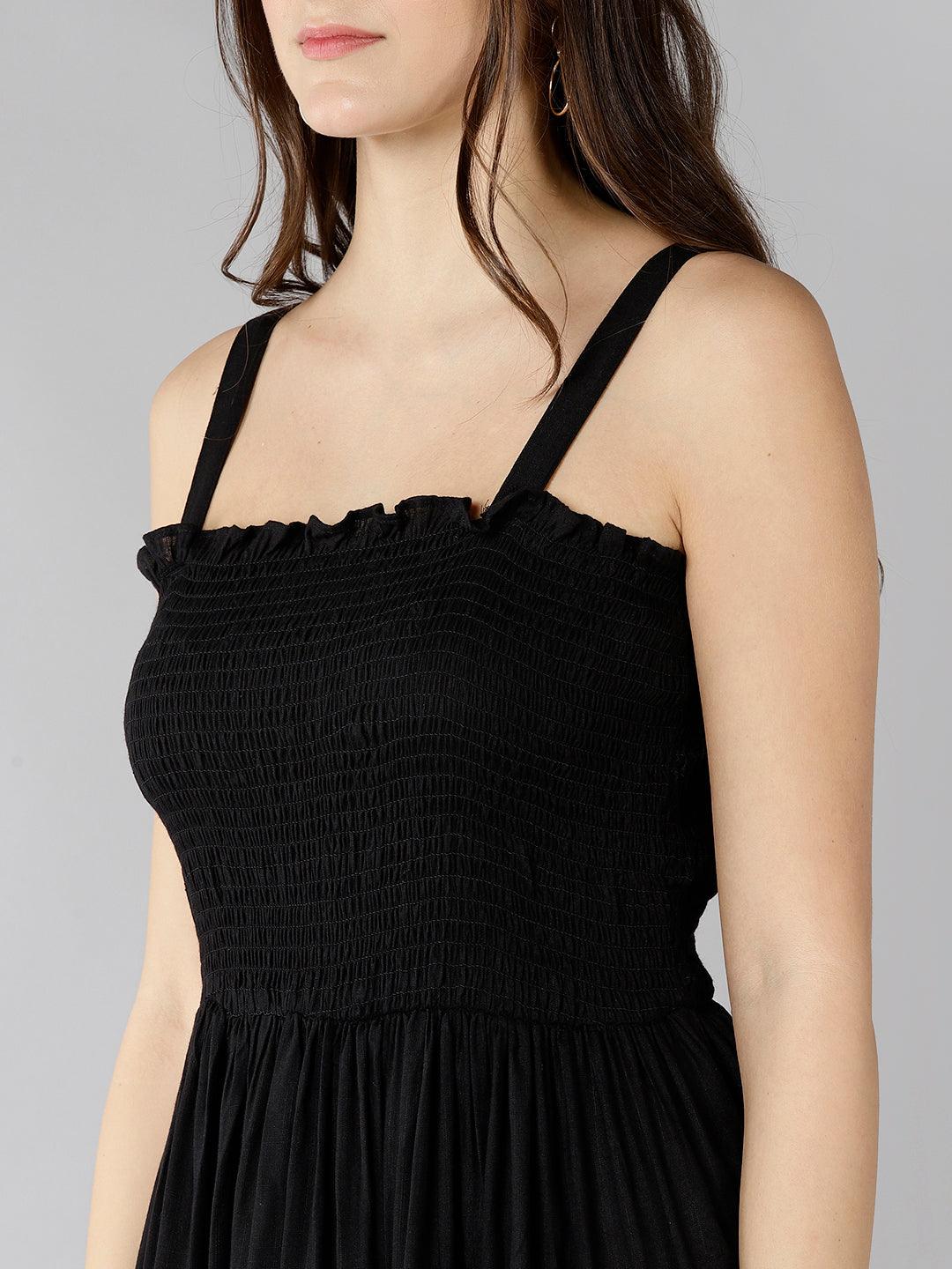 Znx Women Solid Black Smocking Dress - Znxclothing