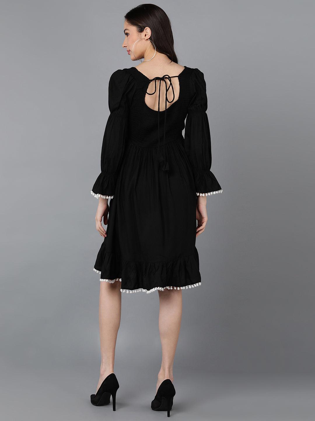 Solid Black Smocked Dress - Znxclothing