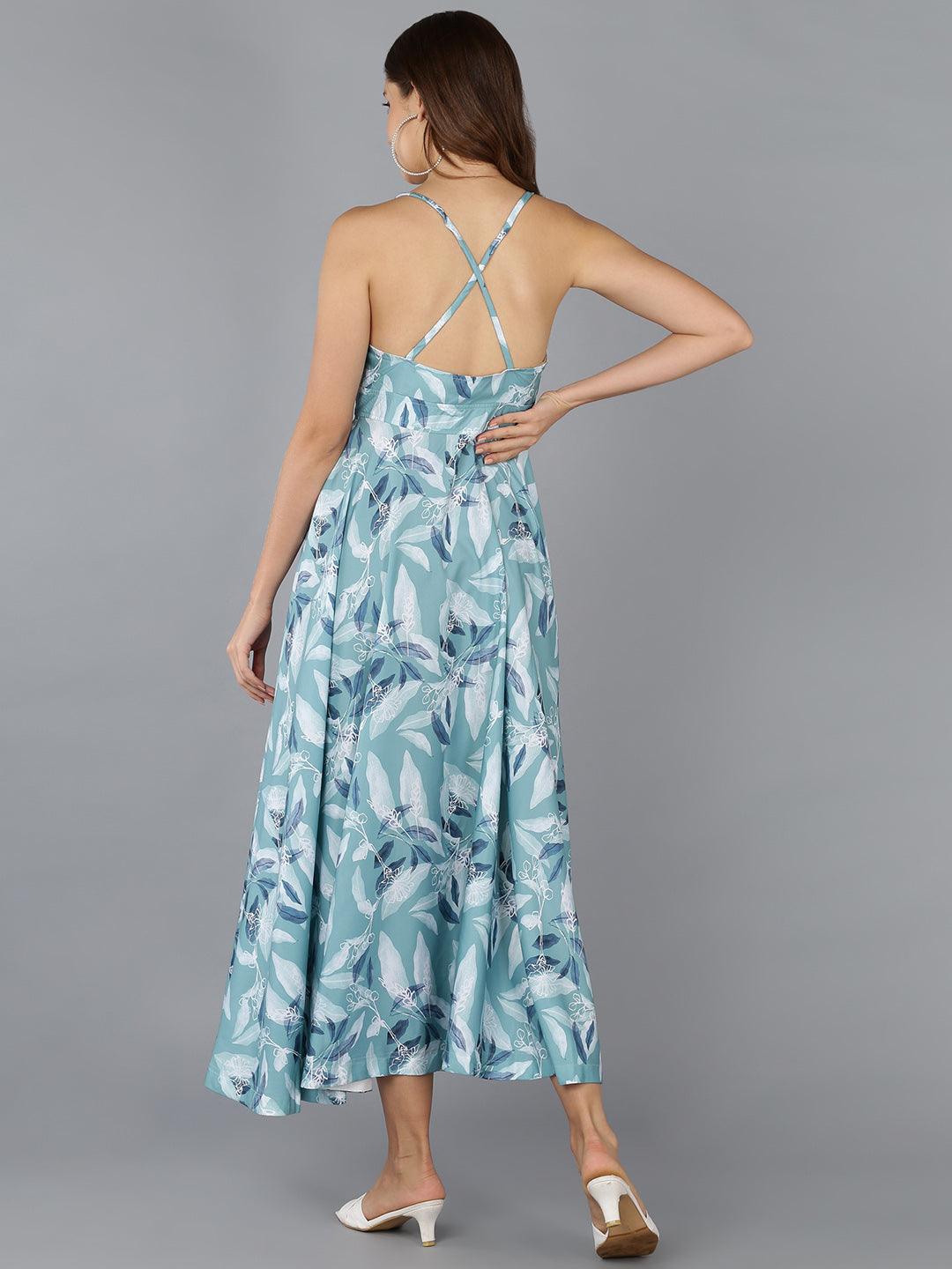 Light Blue Leaf Printed Flared Dress - Znxclothing
