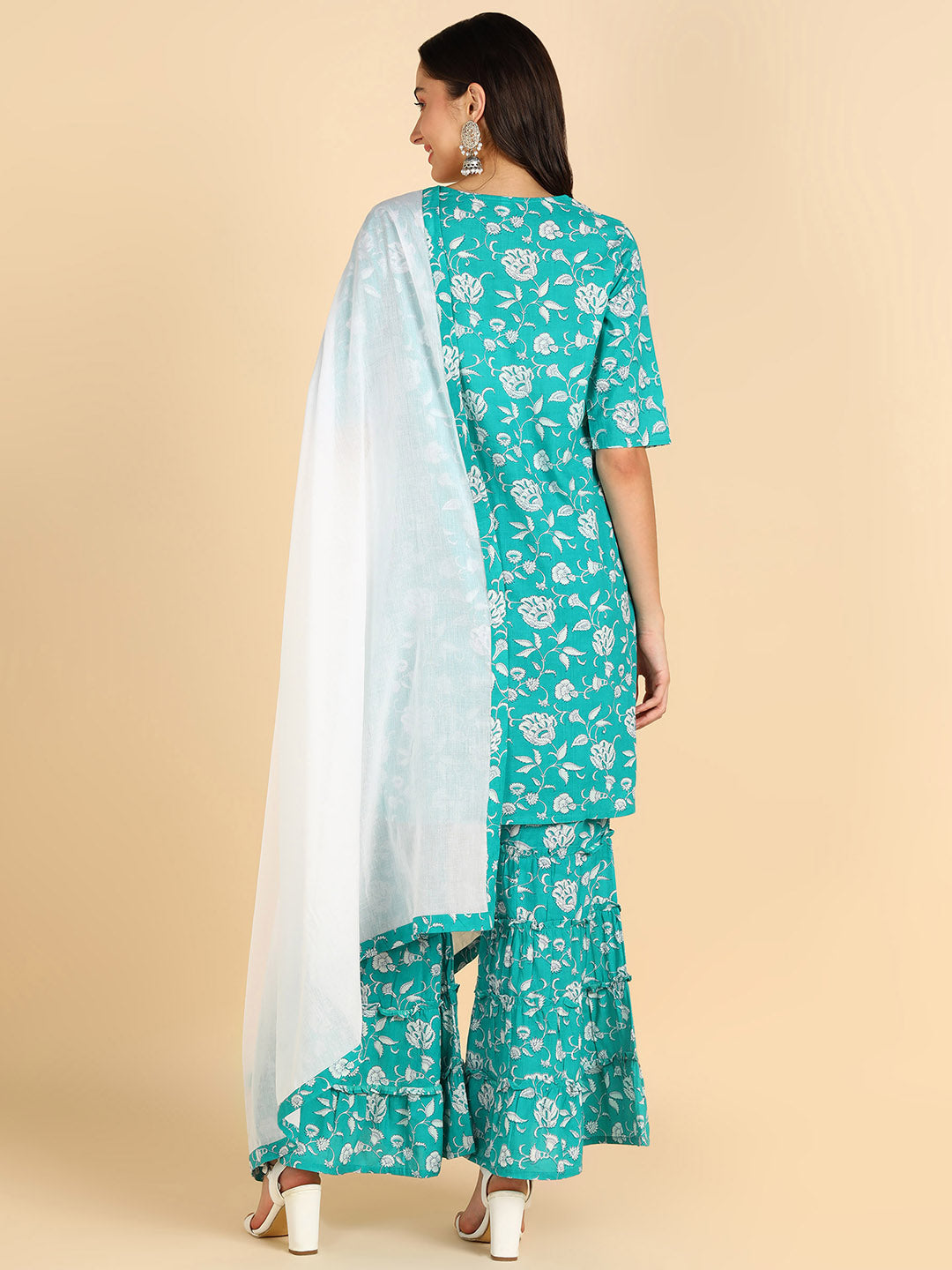Women Turqouise Ethnic Motifs Printed Pure Cotton Kurta with Sharara & With Dupatta