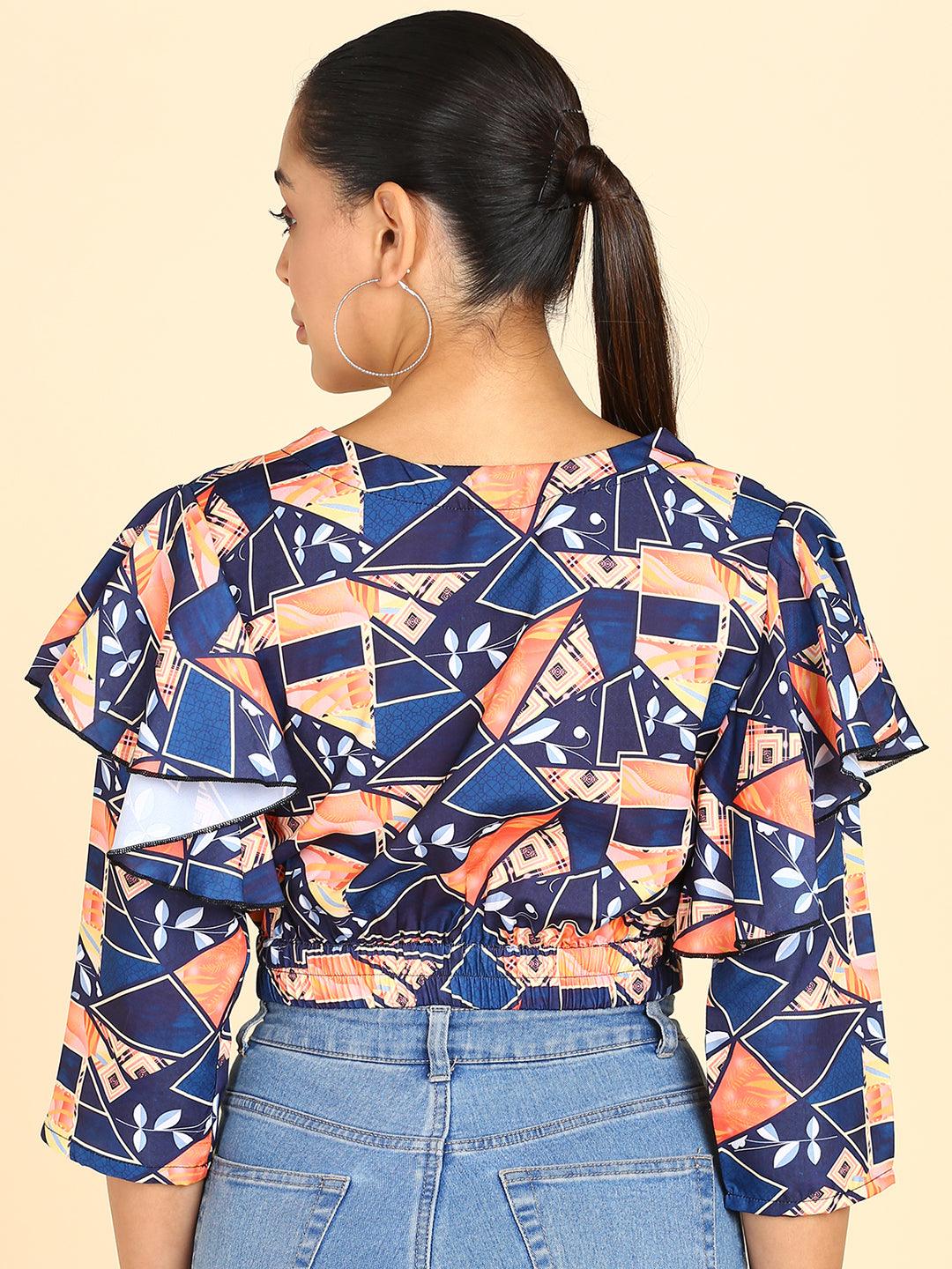 Geometric Printed Blue Blouson Crop Top - Znxclothing