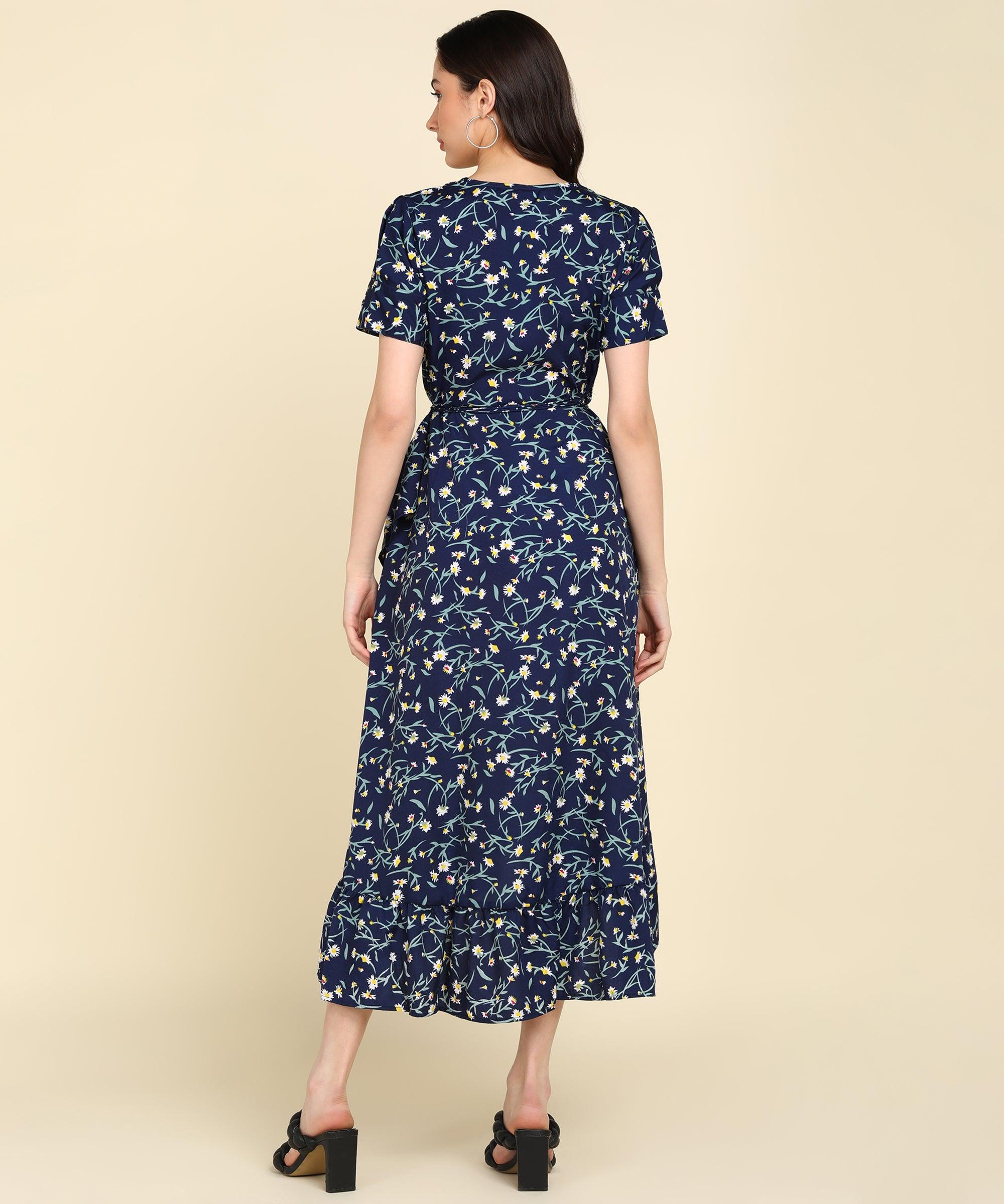 Blue Floral Printed Frill Dress - Znxclothing