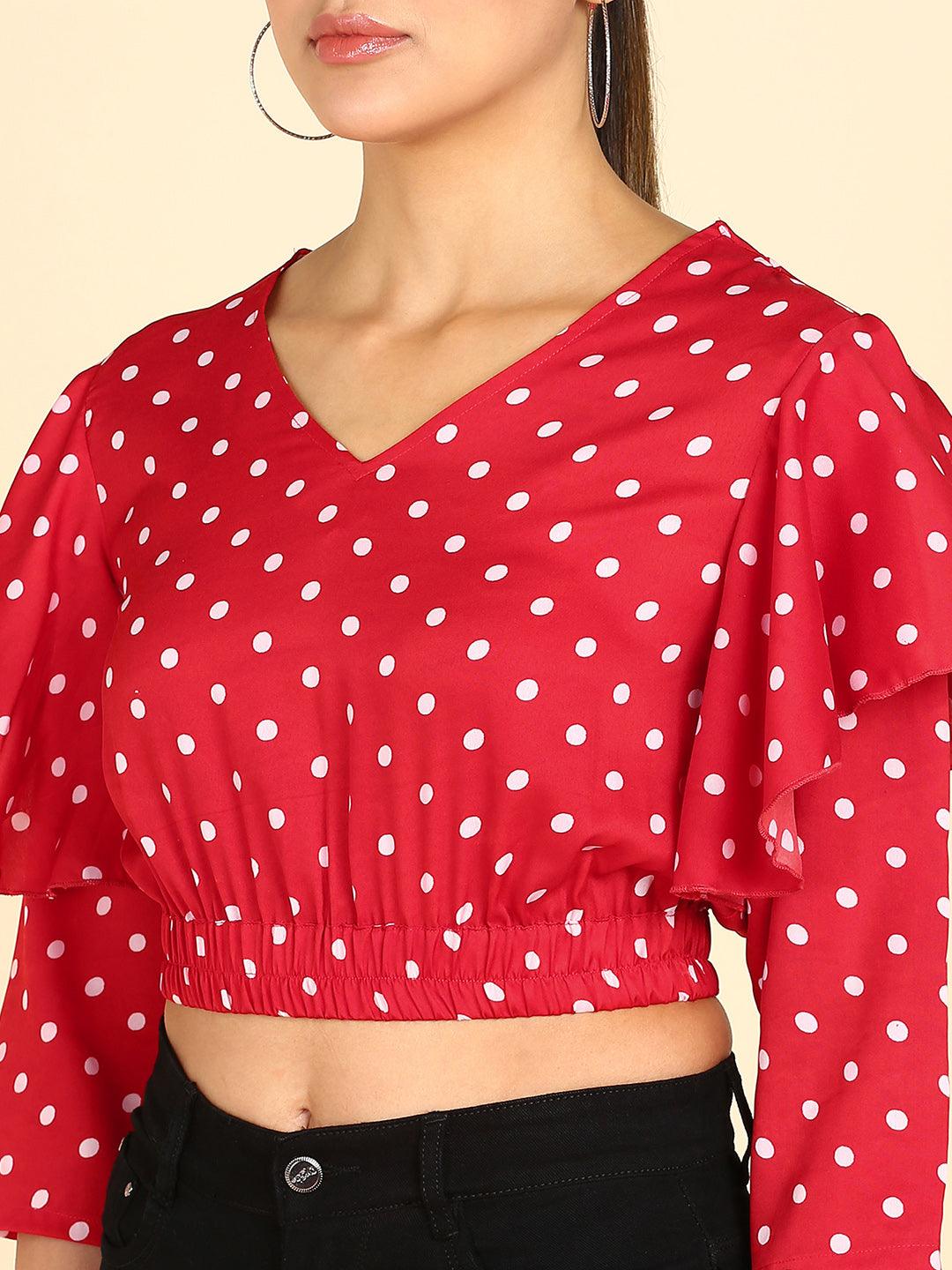 Polka Dots Printed Red Blouson Crop Top - Znxclothing
