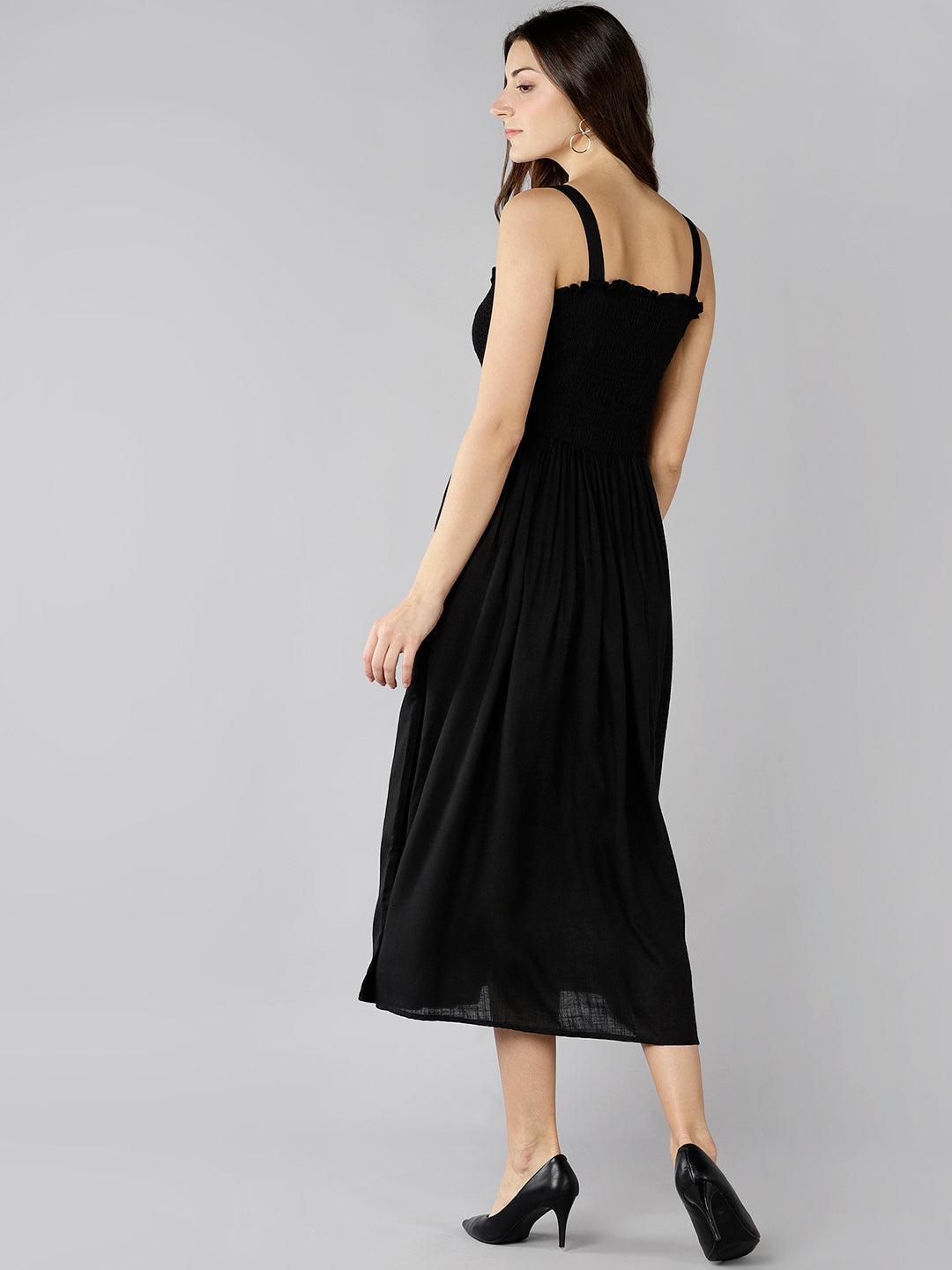 Znx Women Solid Black Smocking Dress - Znxclothing