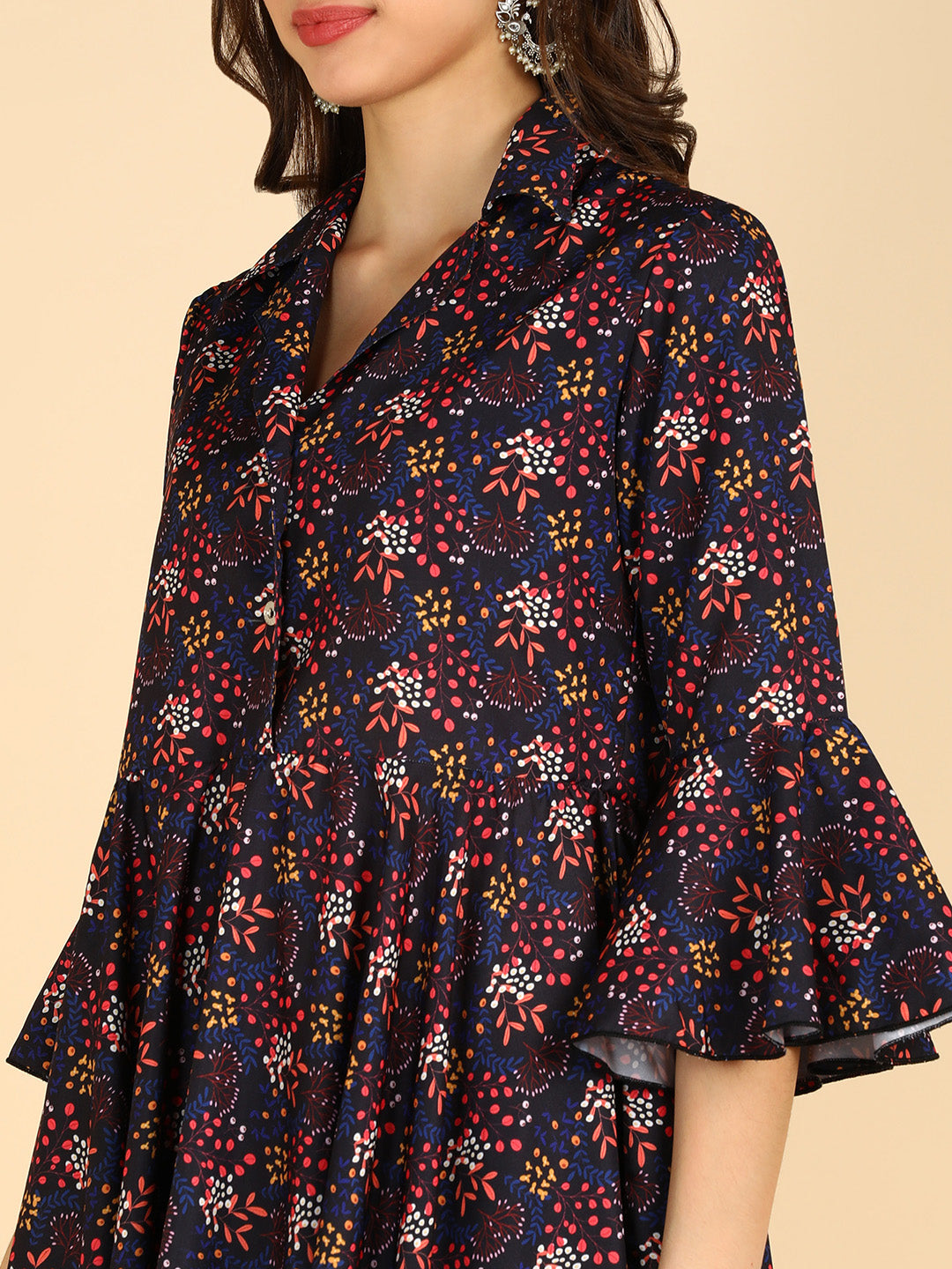Blue Floral Printed Bell Sleeve Top