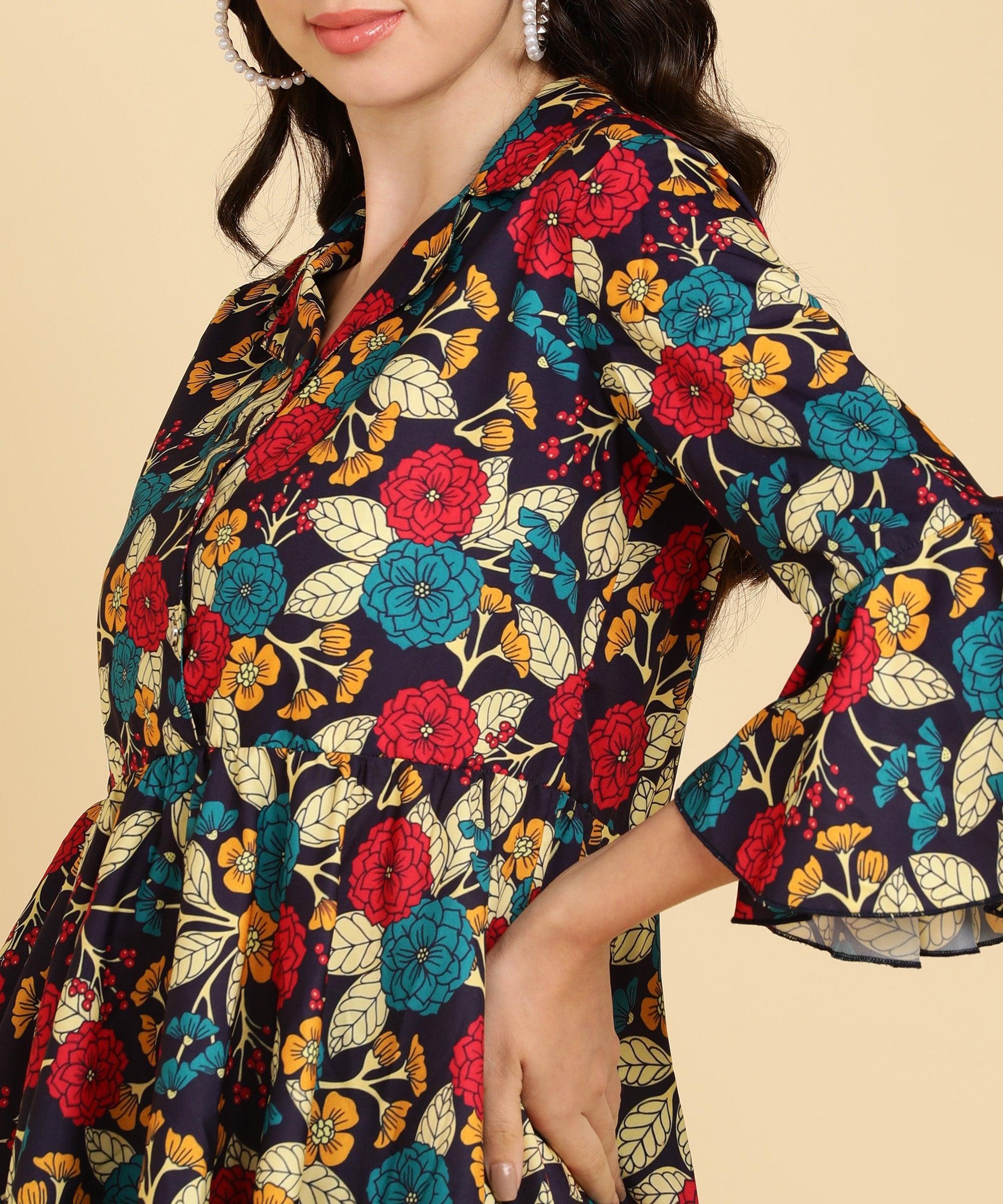 Multicolor Floral Printed Long Top - Znxclothing