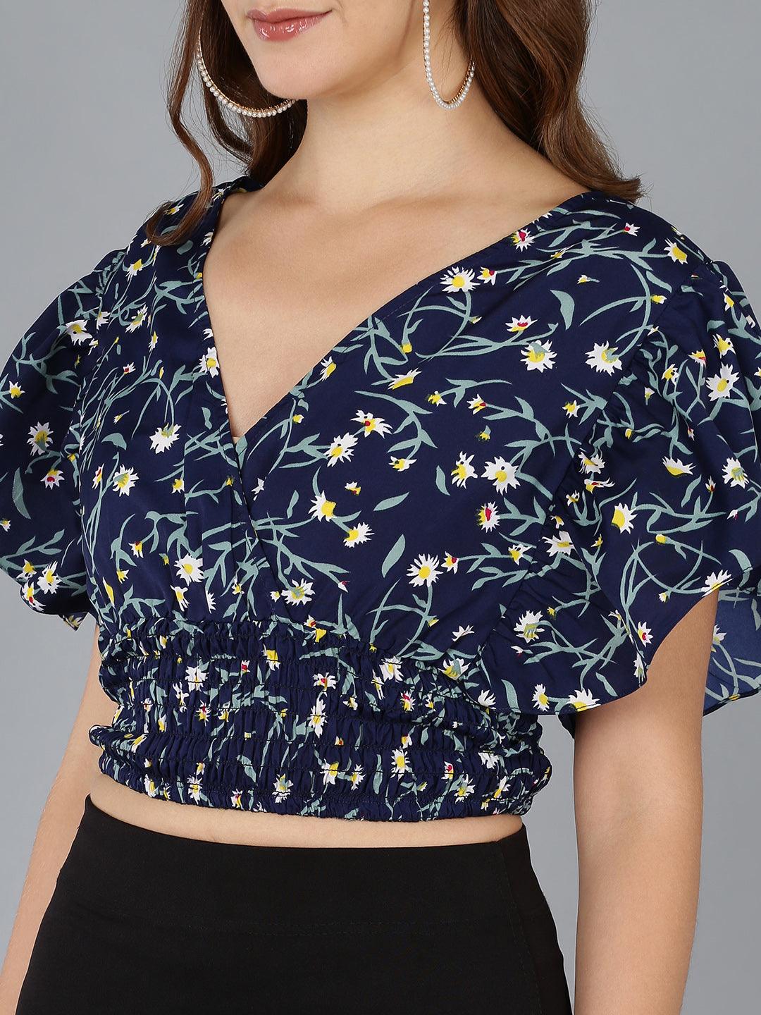 Floral Printed Blue Crop Top - Znxclothing