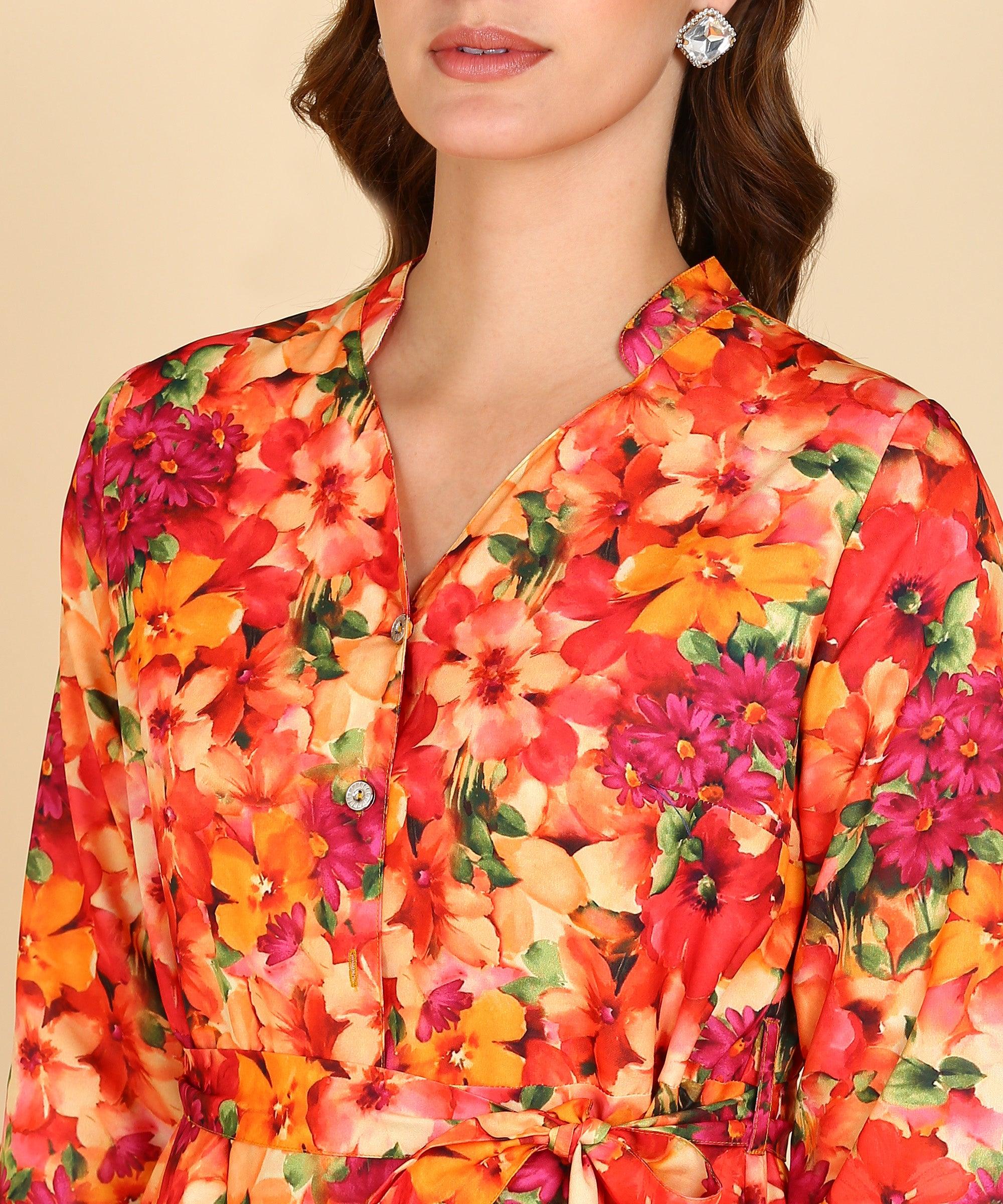 Orange Floral Printed Flared Dress - Znxclothing