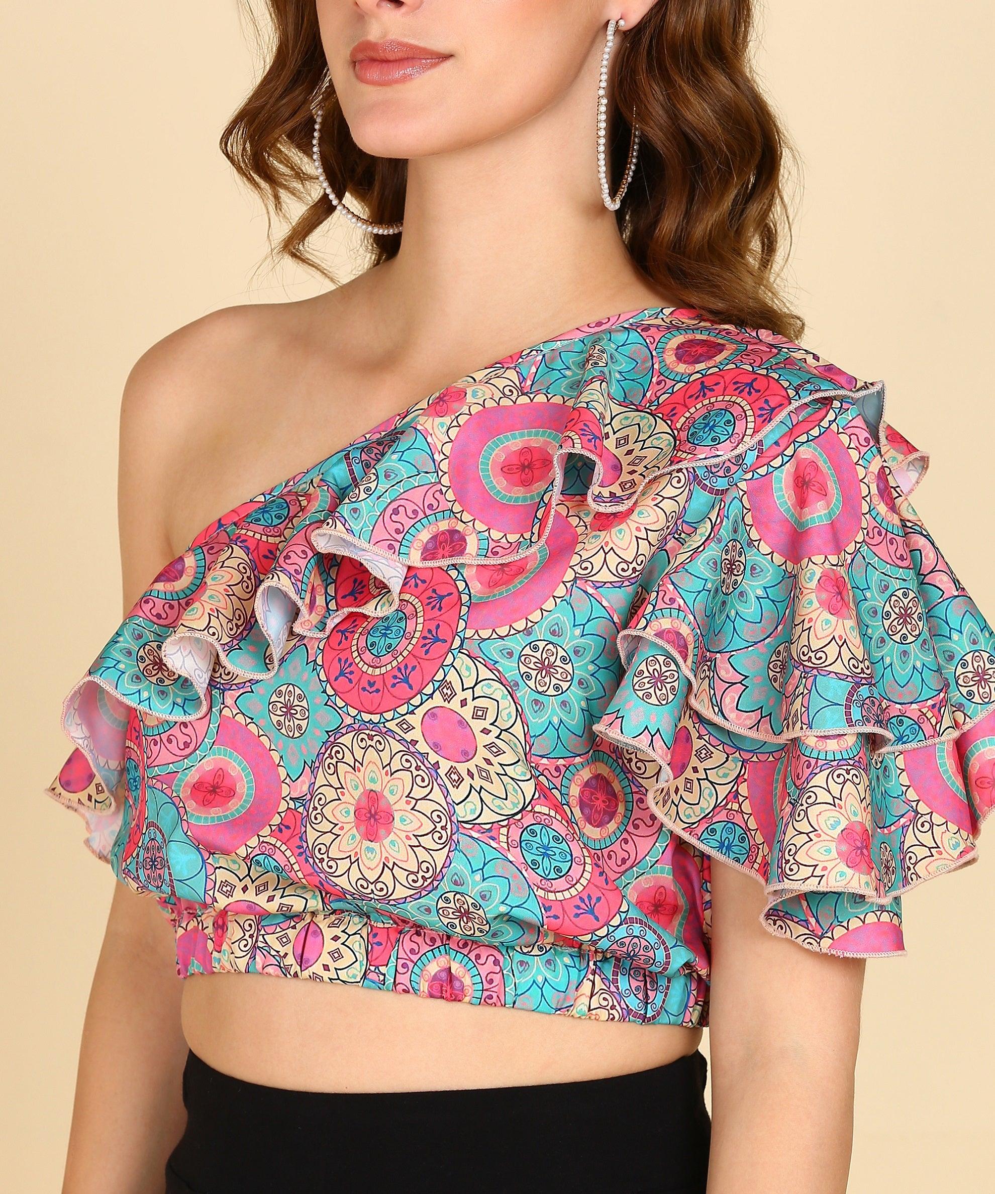 Geomatric Print Front Frilled Top With Designer Sleeve - Znxclothing