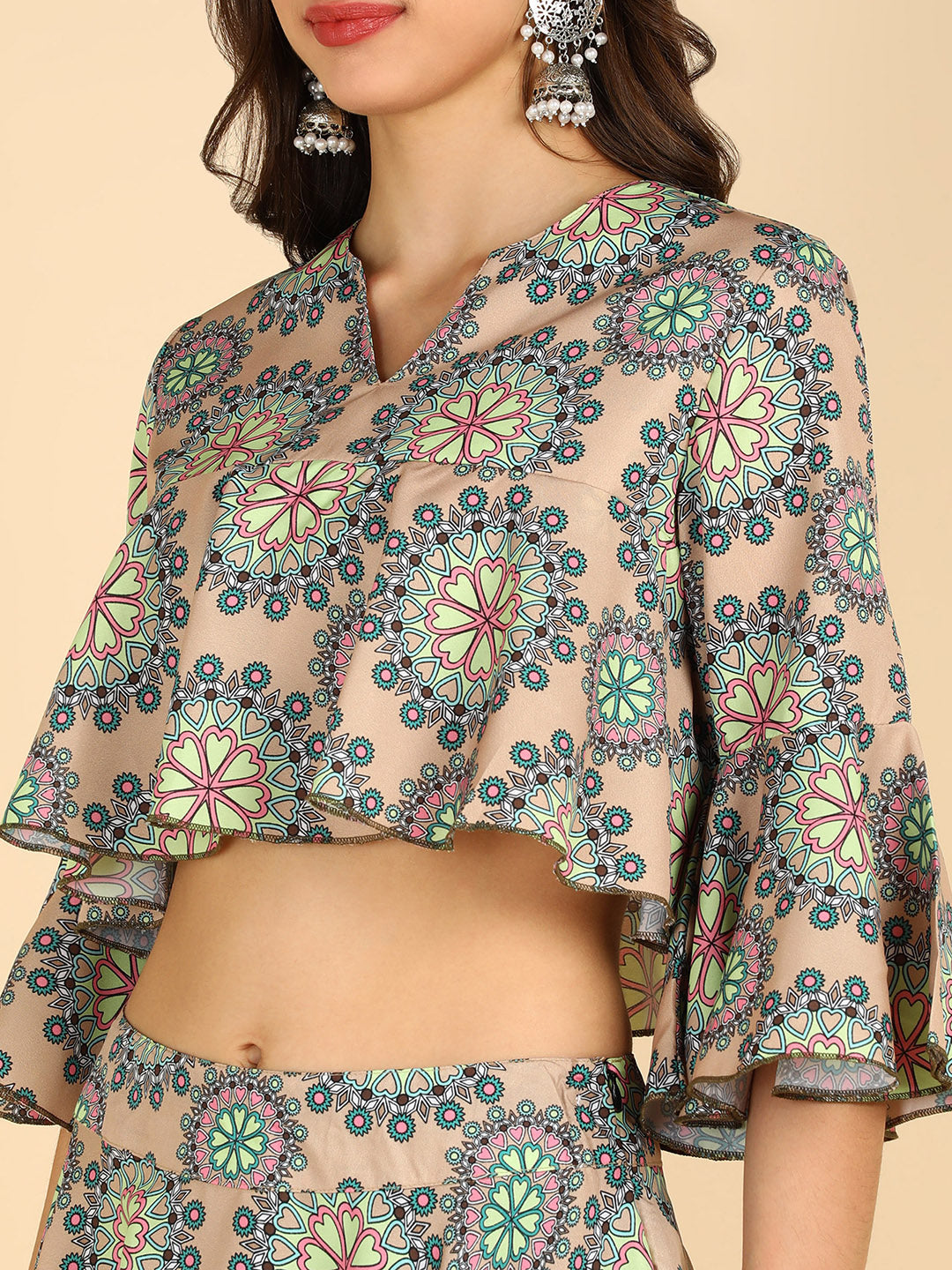 Floral Printed Beige Crop Top With Skirt