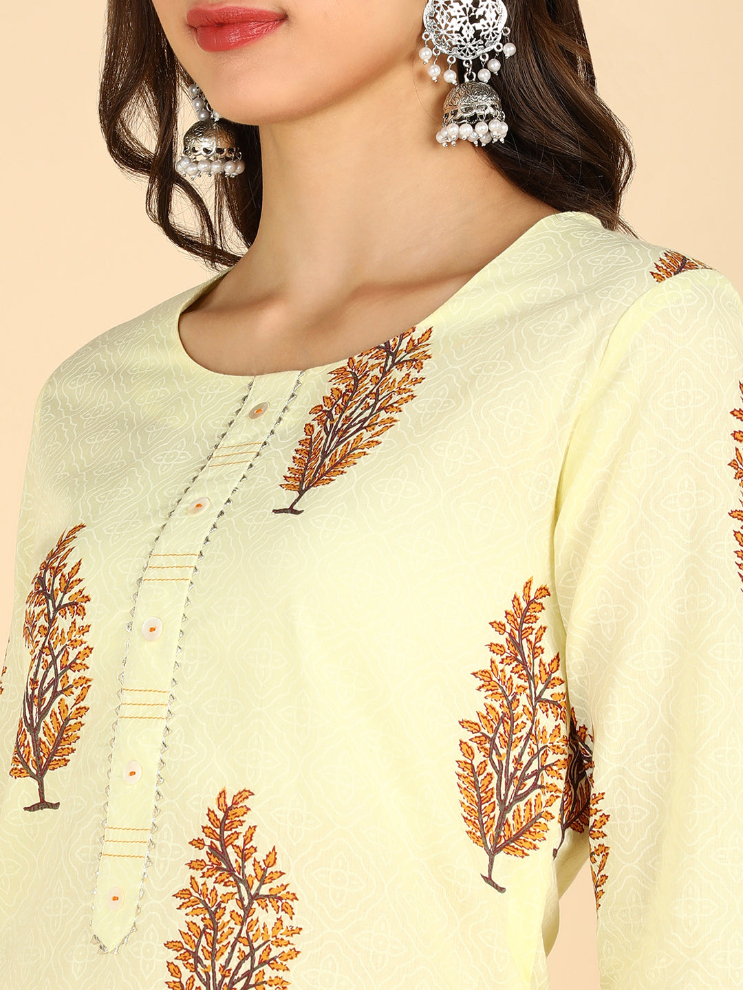 Women Yellow Printed Pure Cotton Kurta With Trousers