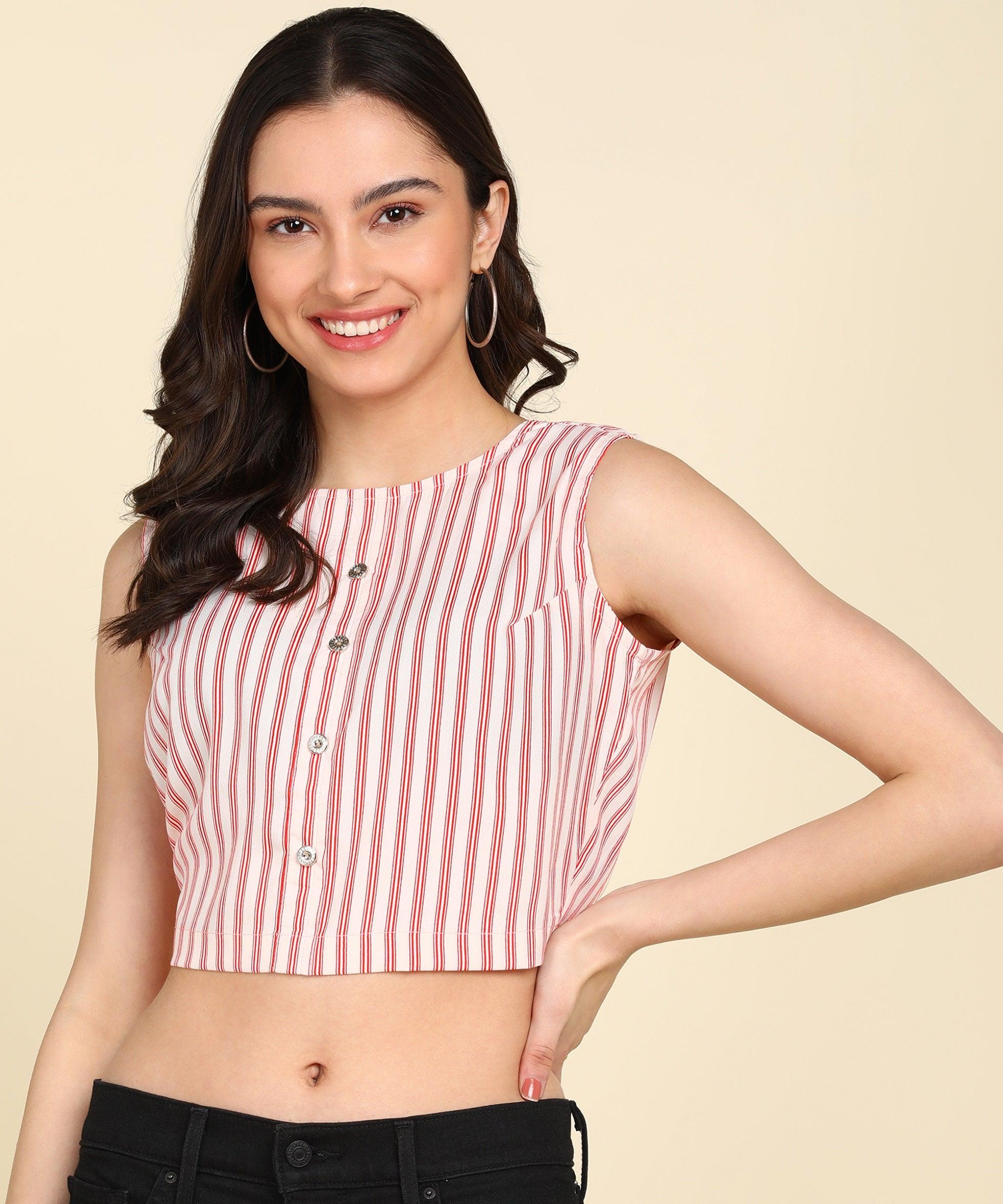 Cream & Red Striped Styled Back Crop Top - Znxclothing