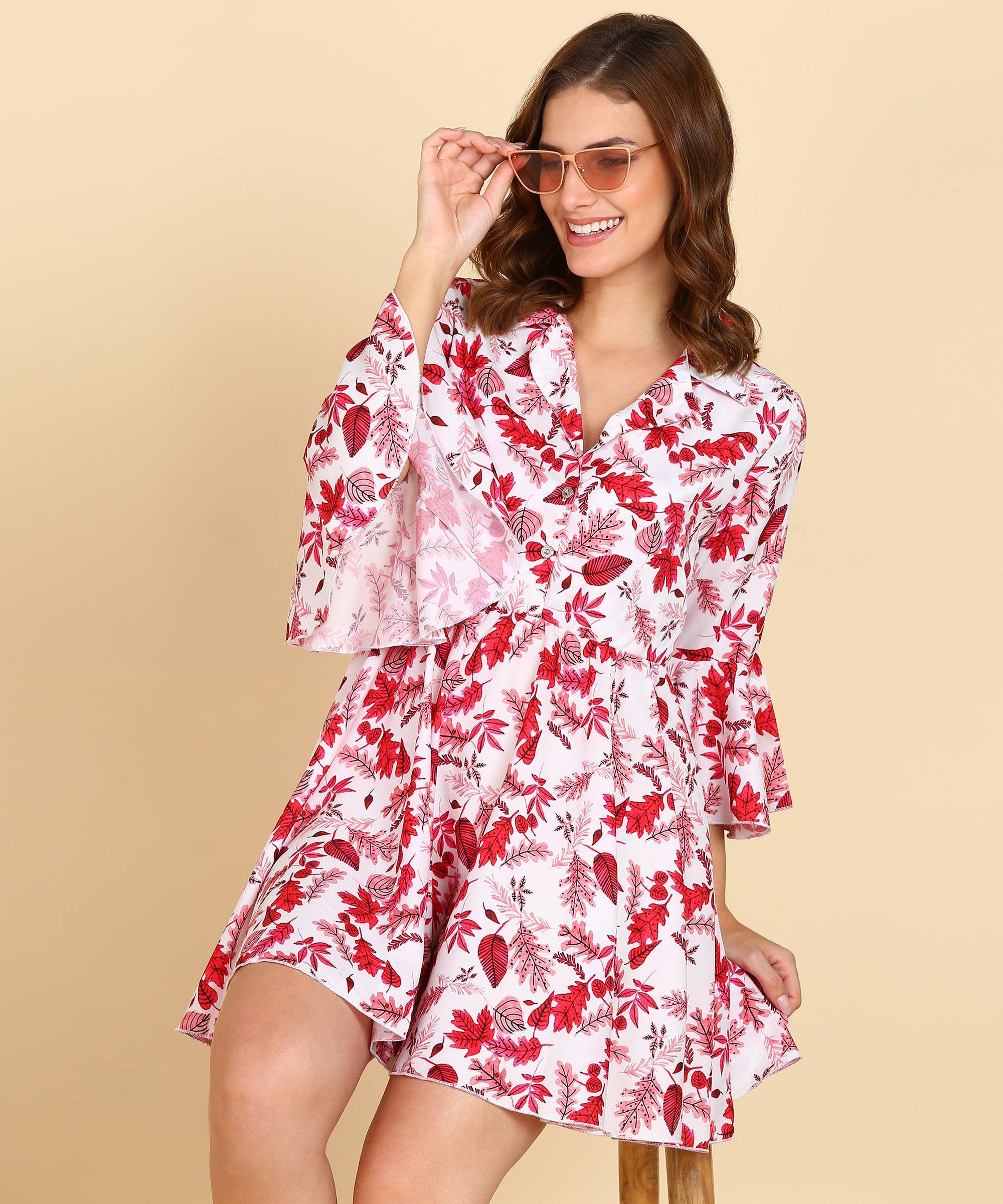 Pink Tropical Printed White Long Top - Znxclothing