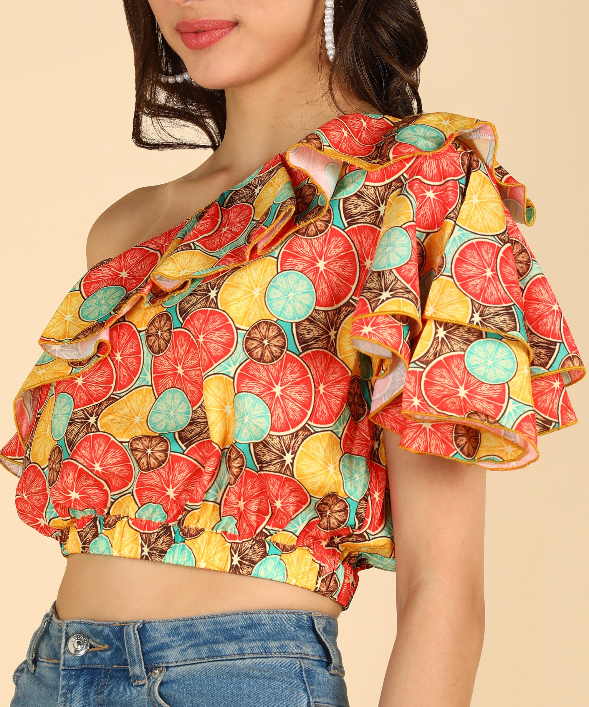 Orange Printed One Shoulder Stylish Sleeve Top
