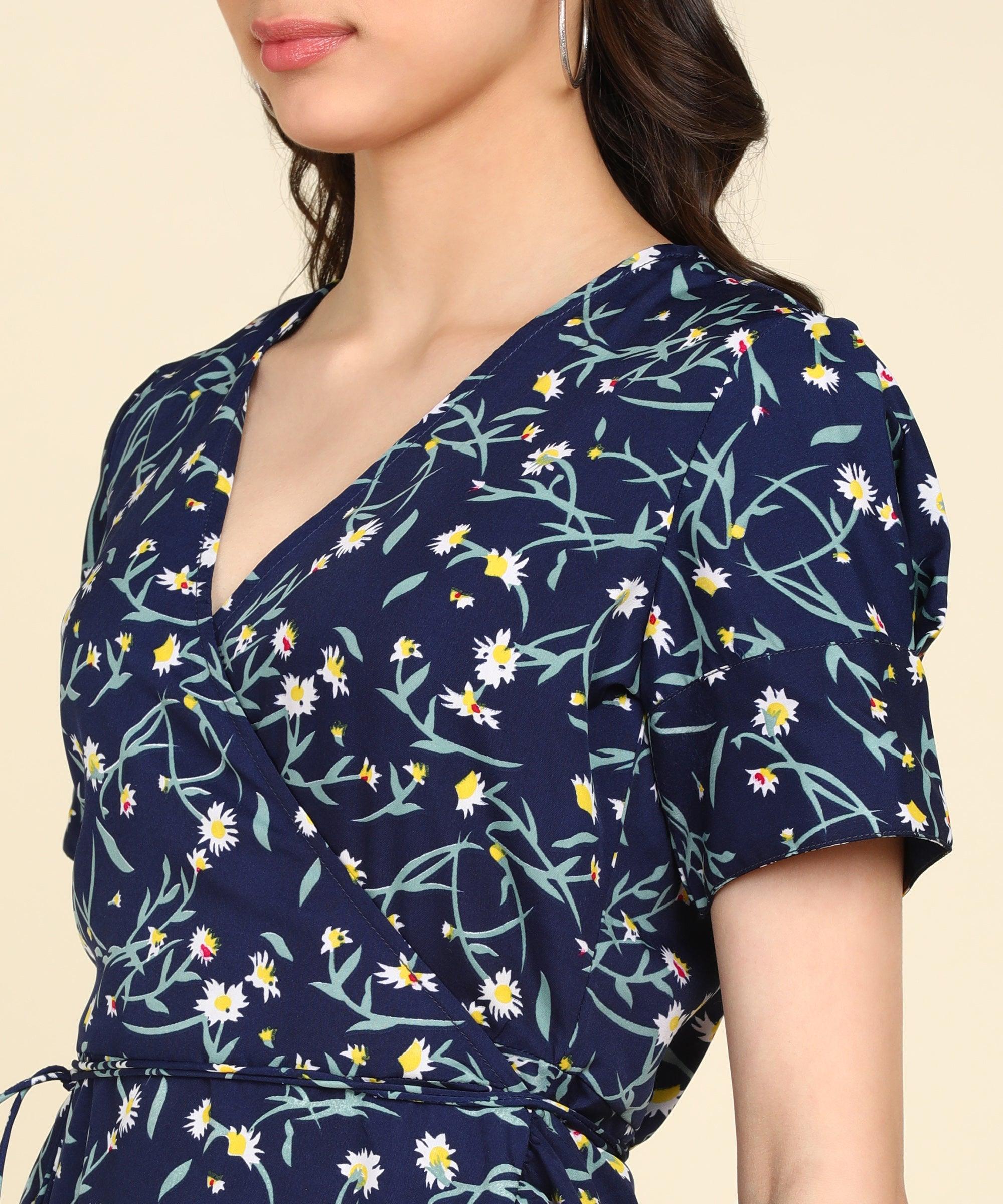 Blue Floral Printed Frill Dress - Znxclothing