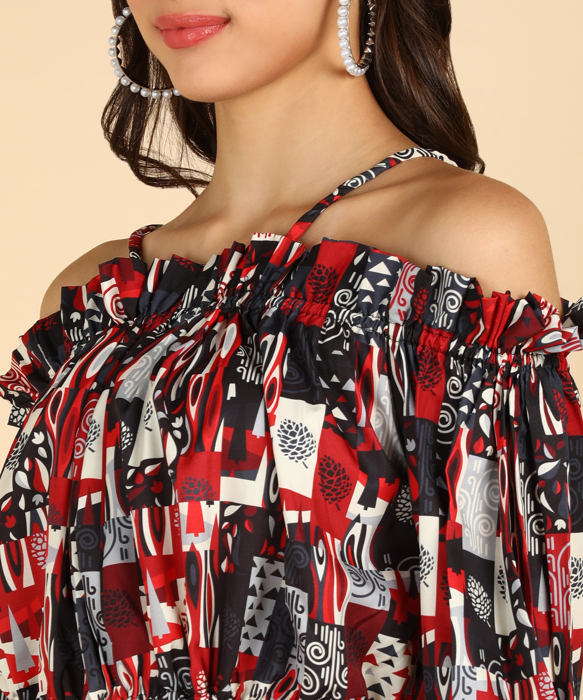 Black & Red Printed Off Shoulder Top
