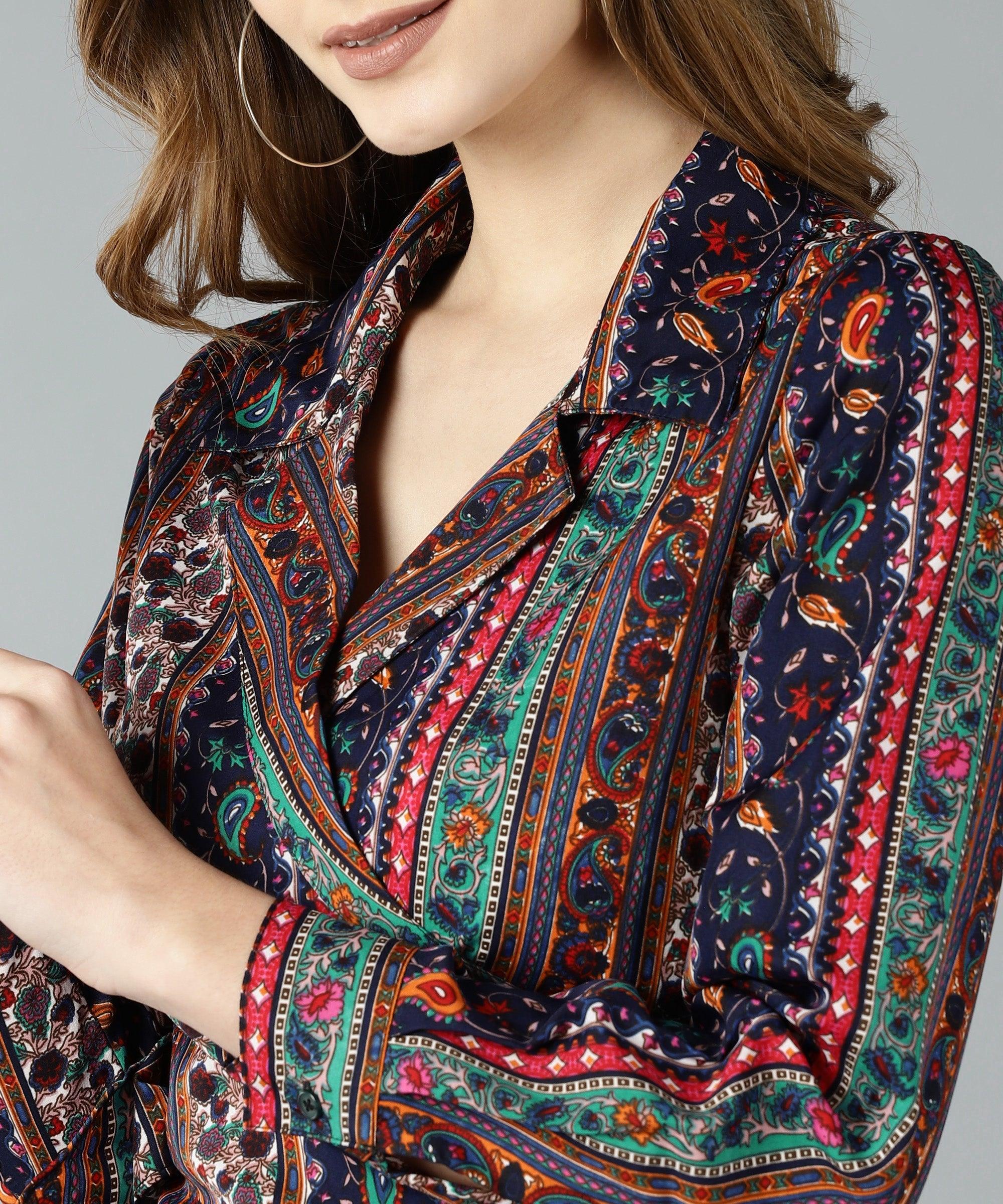 Znx Women Multi Color Geometric Printed Wrap Top - Znxclothing