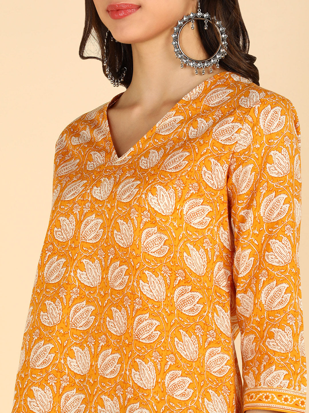 Floral Printed Yellow Straight Kurti With Border Details