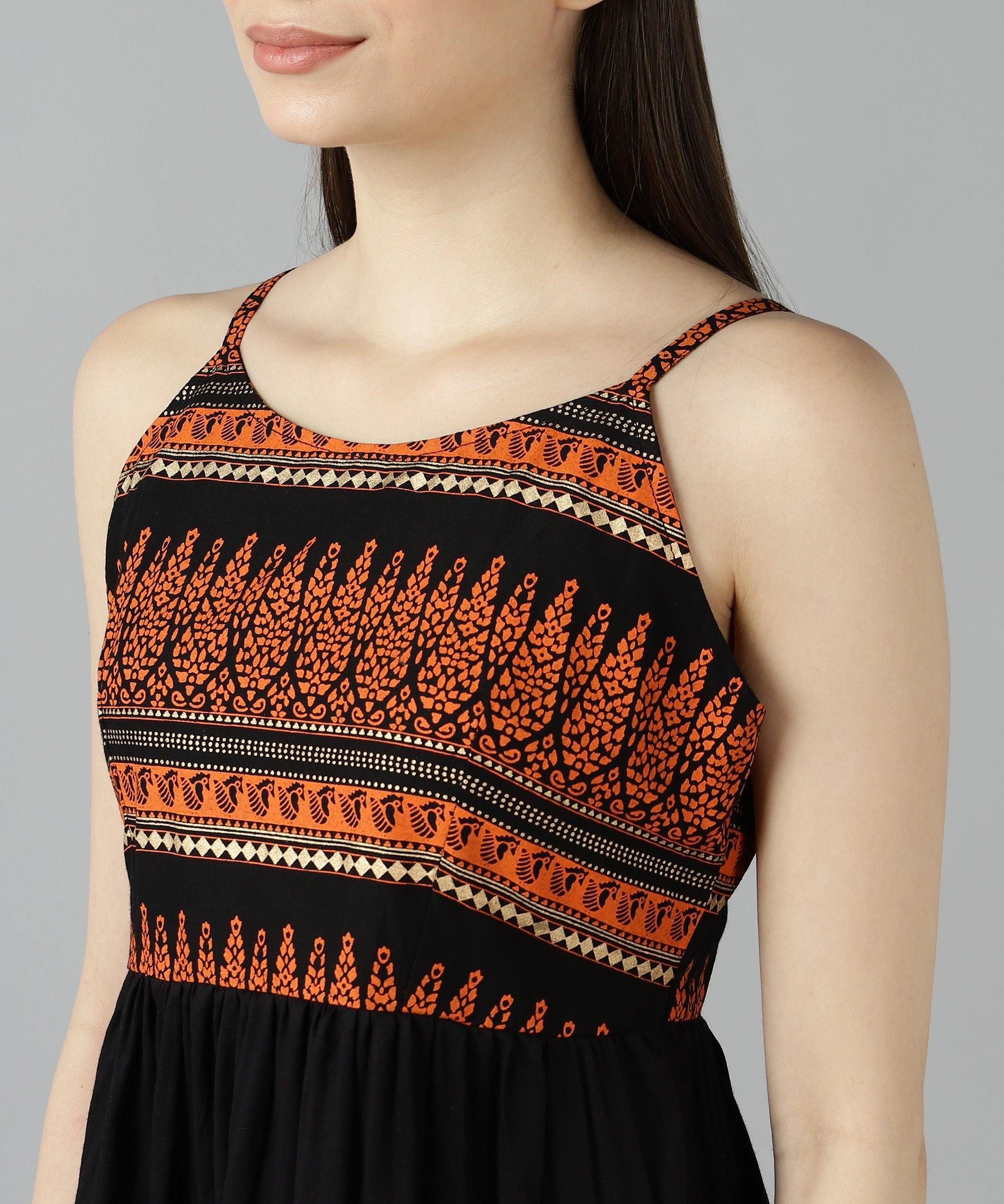 Znx Women Orange Gold Printed Black Top - Znxclothing