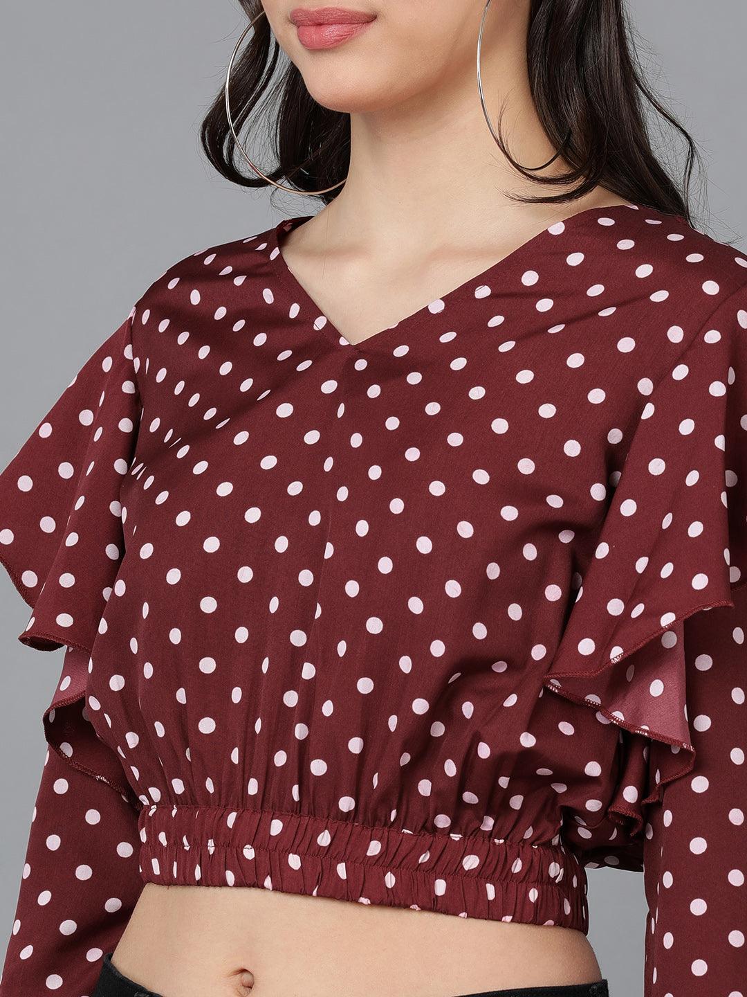 Maroon Polka-Dot Top with Double Sleeve - Znxclothing