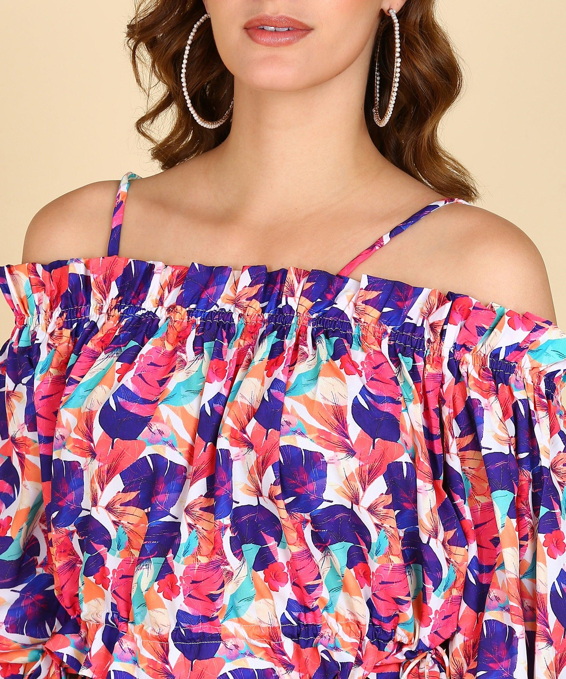Multicolor Tropical Bardot Top - Znxclothing