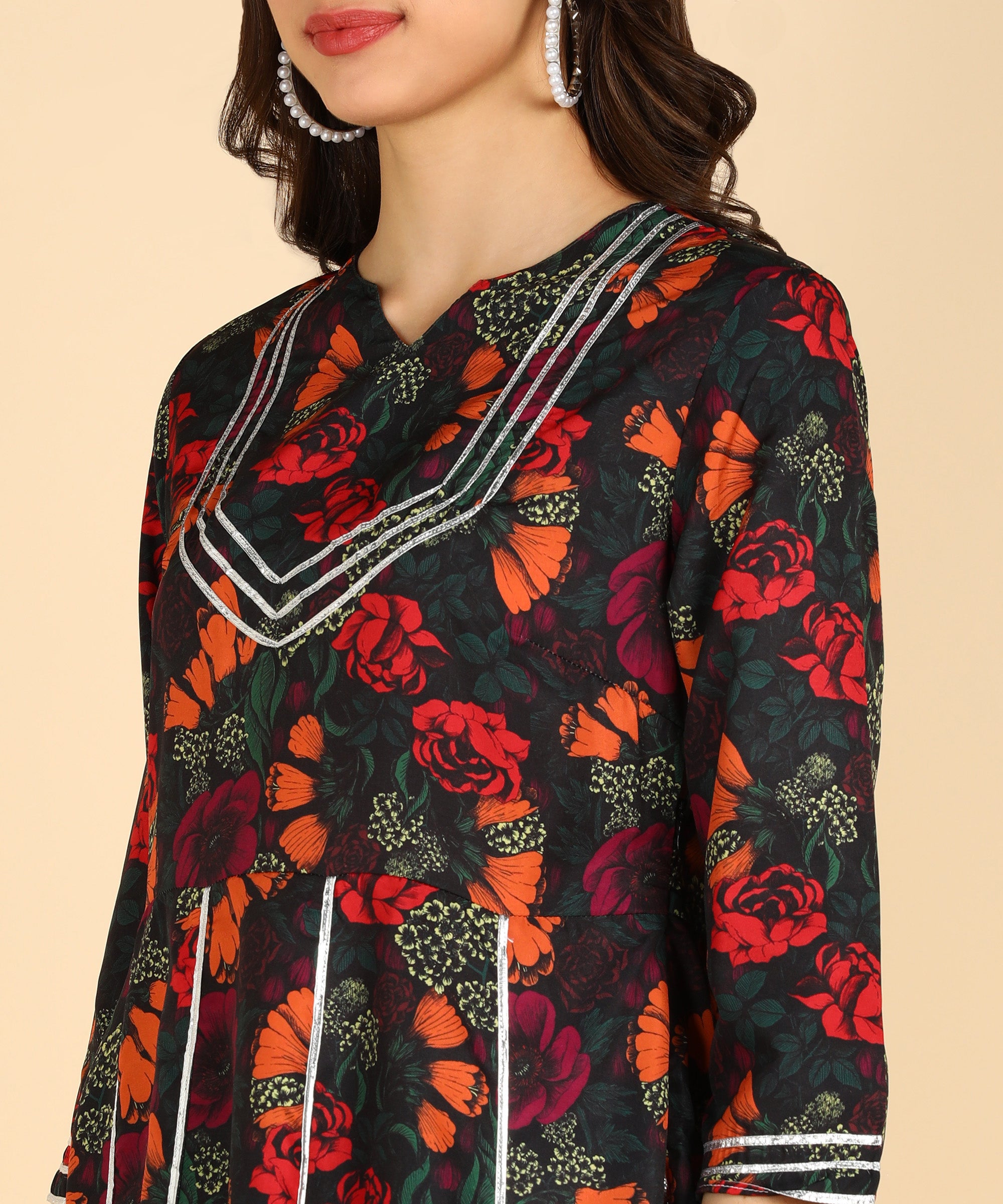 Floral Printed Black Dress With Silver Lace Details