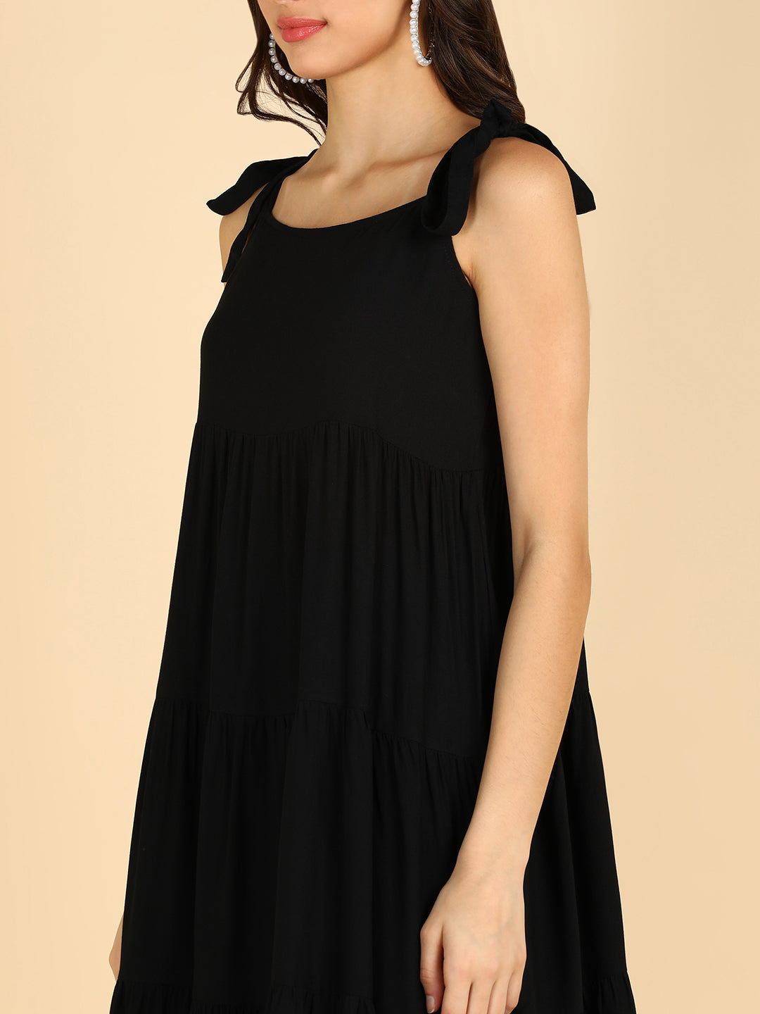 Solid Black Trierd Dress With Muti Way Tie Solder Stripes