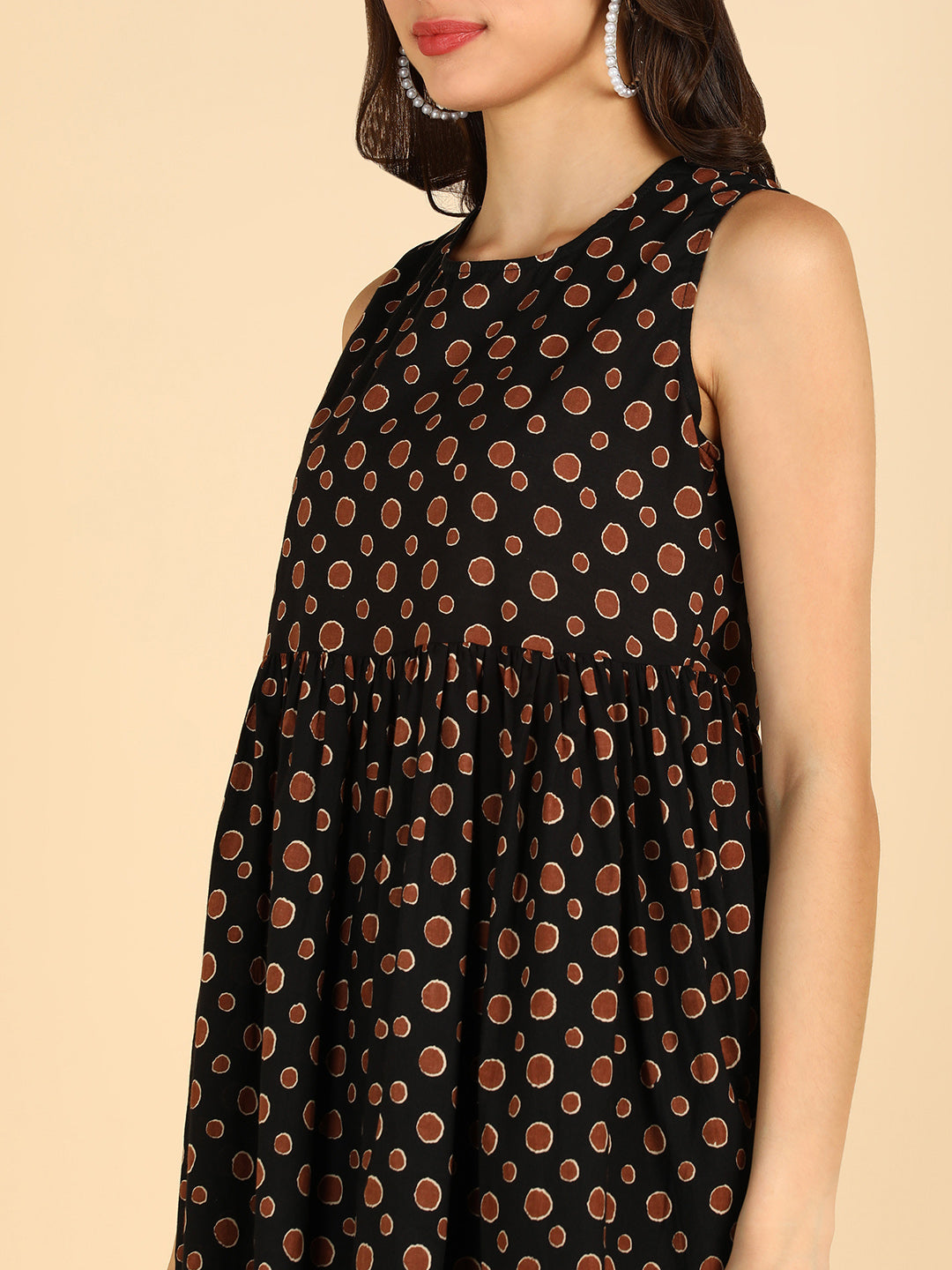 Brown Polka Printed Black Sleeveless Dress