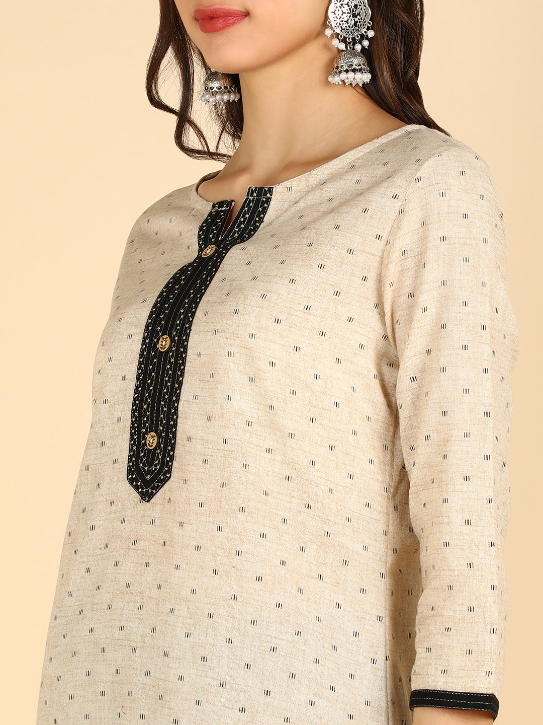 Women Beige & Black Printed Pure Cotton Kurta with Trousers