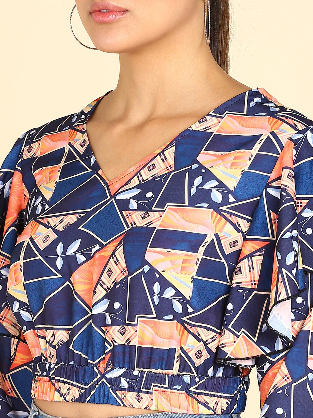 Geometric Printed Blue Blouson Crop Top - Znxclothing