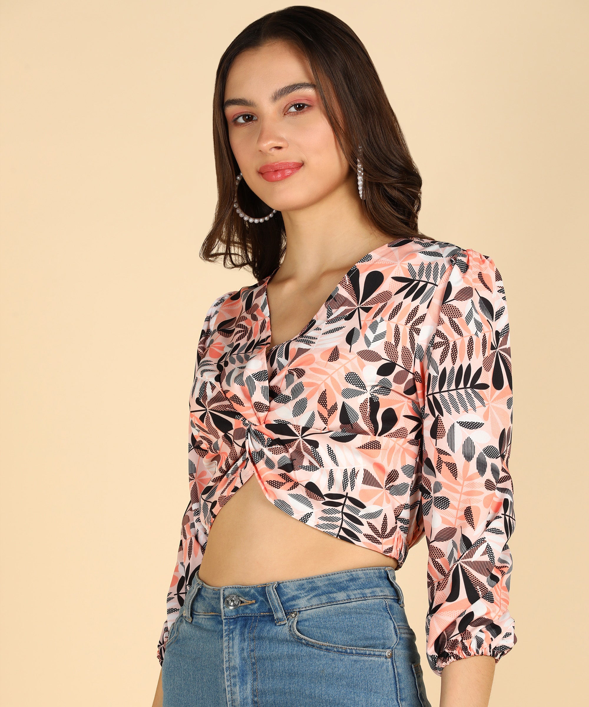 Beige Color Printed Front Knot Stylish Crop Top