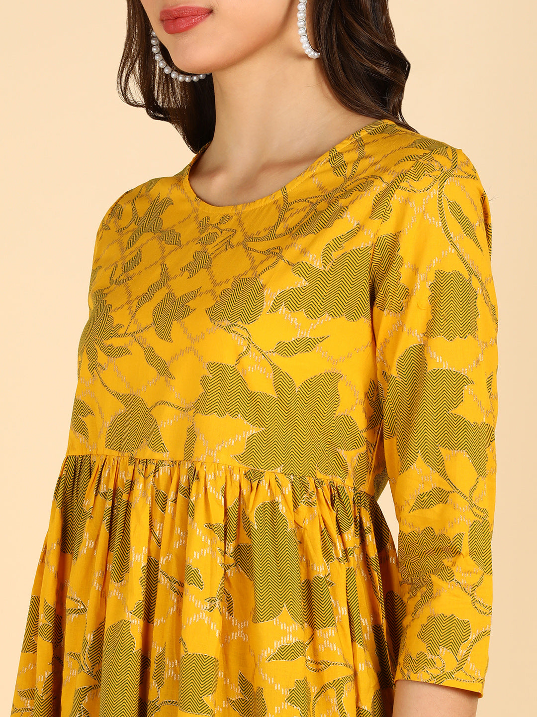 Gold & Green Floral Printed Yellow Dress