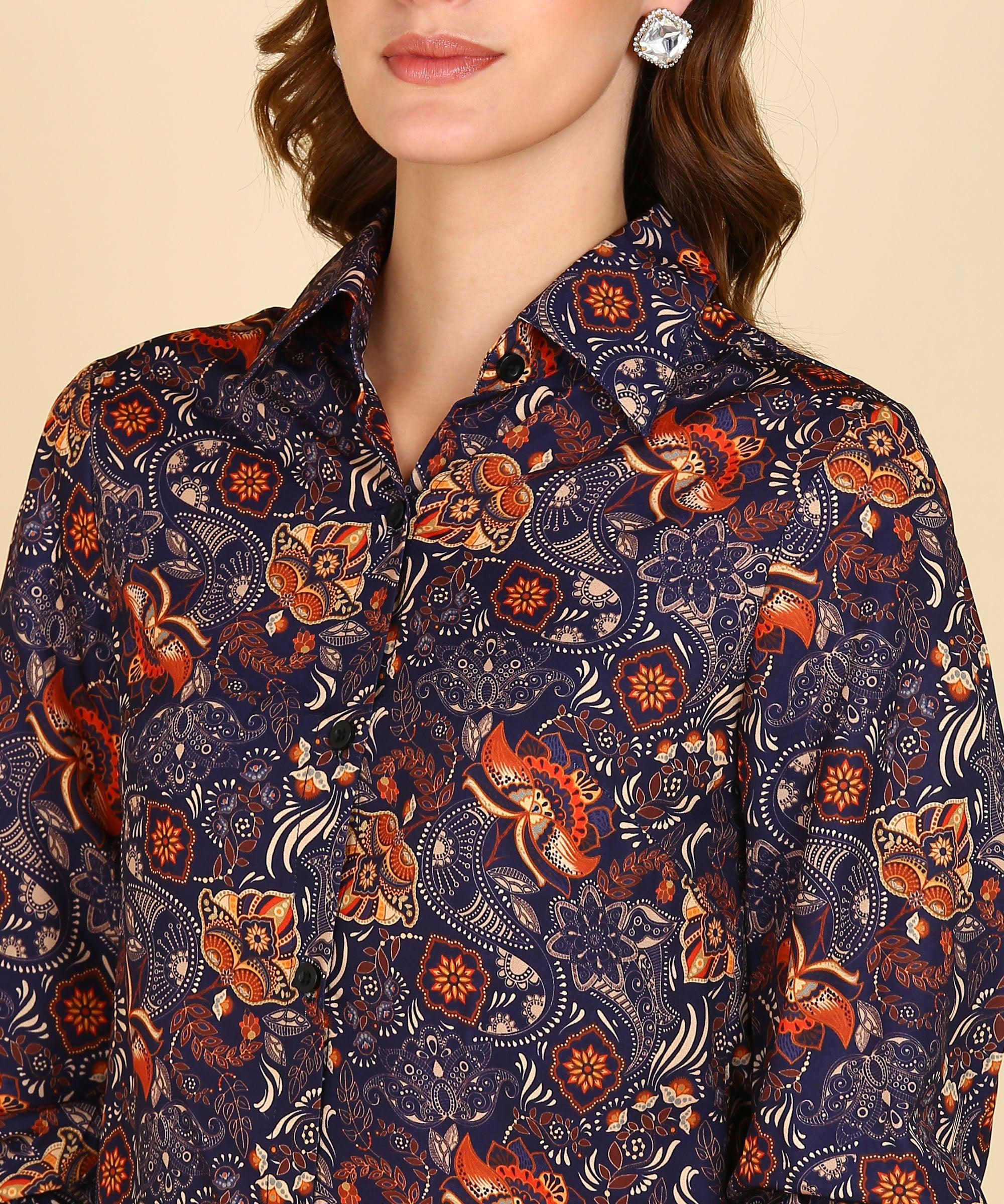 Ethnic Motifs Printed Shirt With Smocked Sleeve - Znxclothing