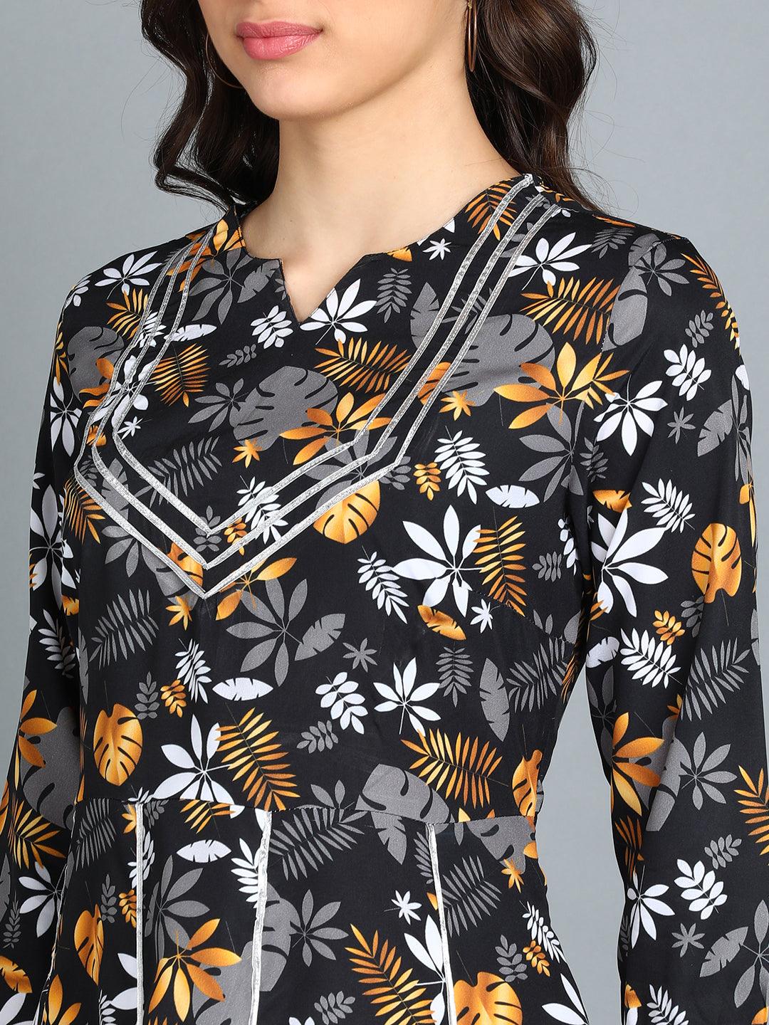 Floral Printed Black Dress with Lace Detail - Znxclothing