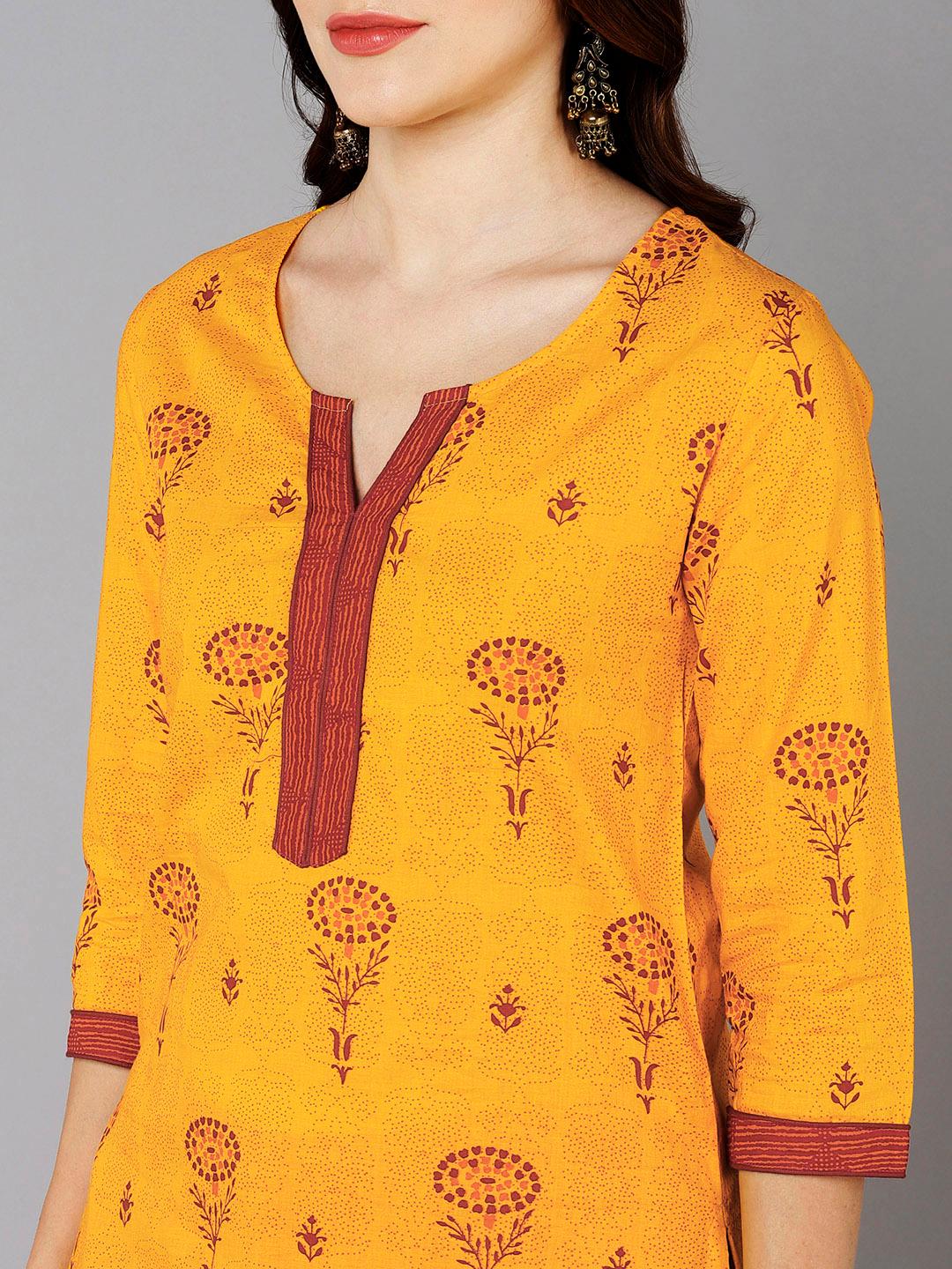 Red Floral Printed Yellow Kurta With Palazzo - Znxclothing