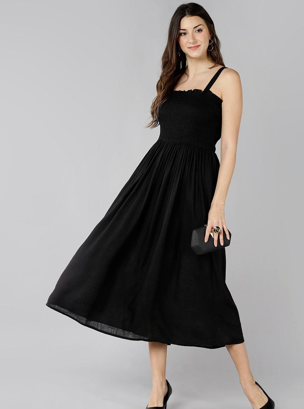 Znx Women Solid Black Smocking Dress - Znxclothing