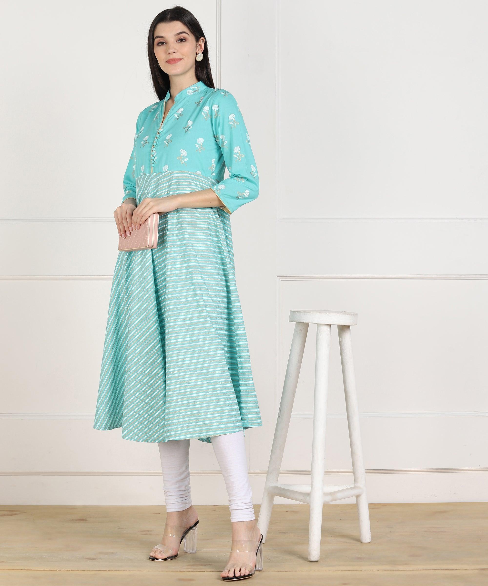 Znx Women Blue Stripe Printed Flared Kurta - Znxclothing