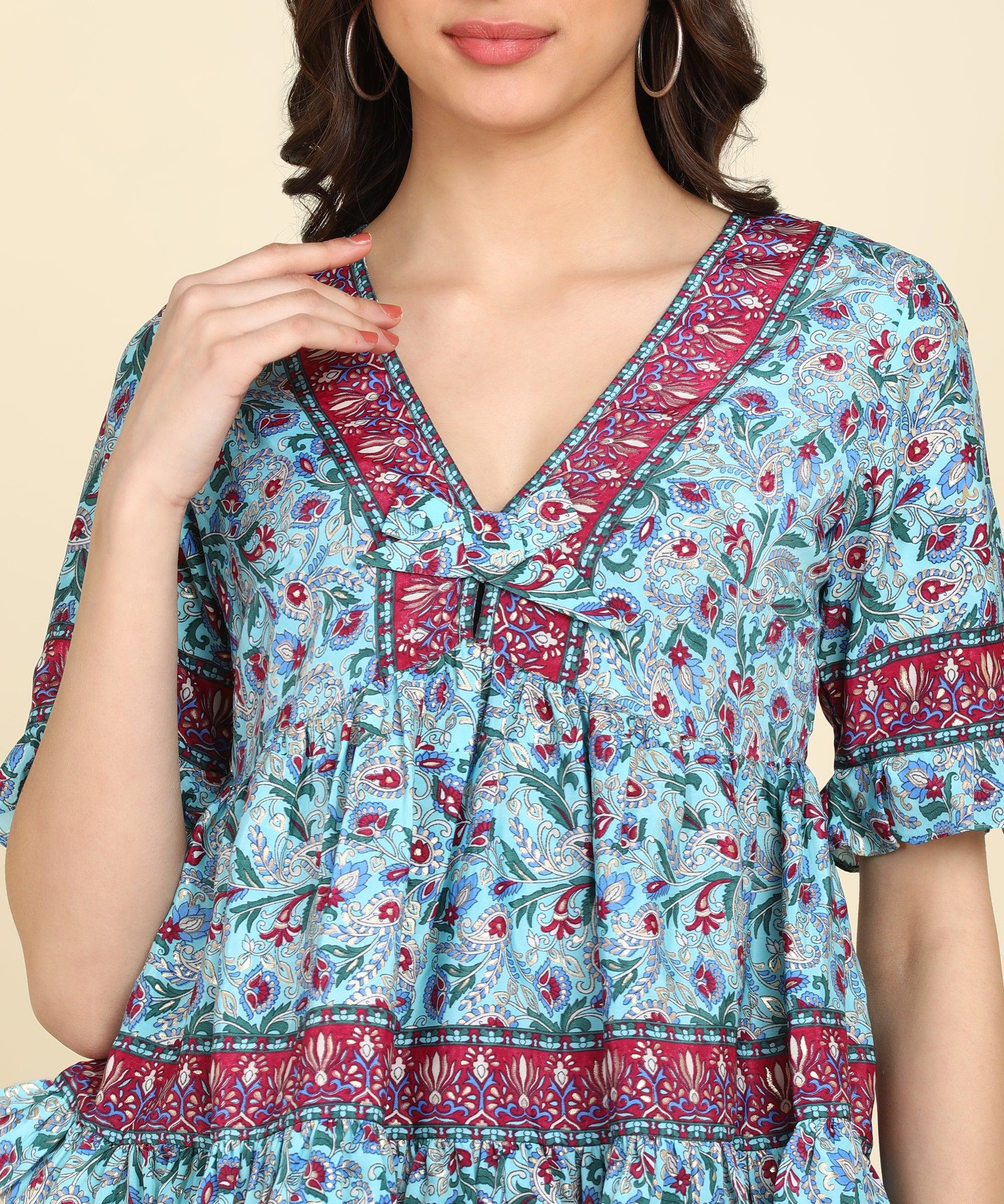 Ethnic Motifs Printed Powder Blue Top - Znxclothing