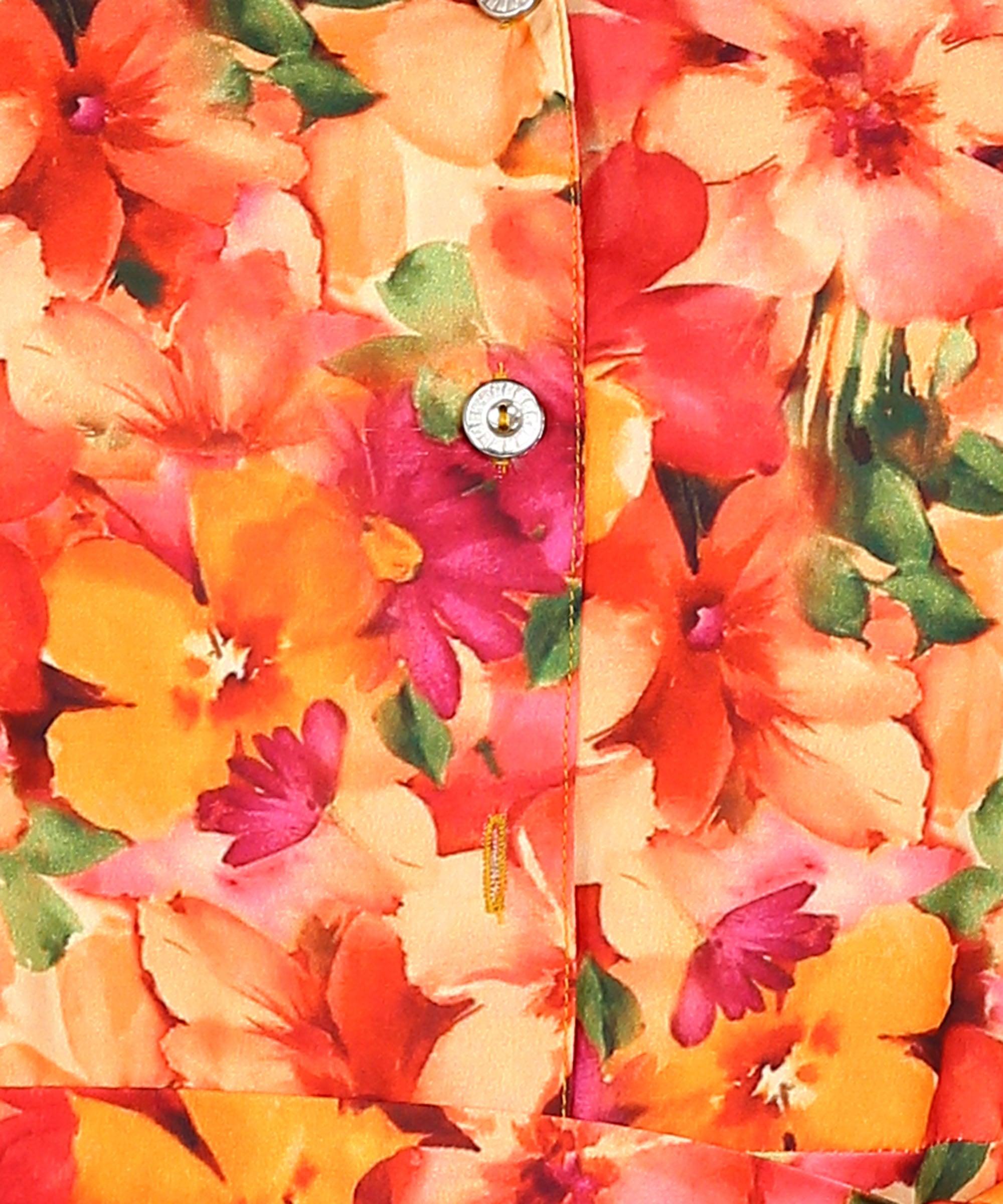 Orange Floral Printed Flared Dress - Znxclothing
