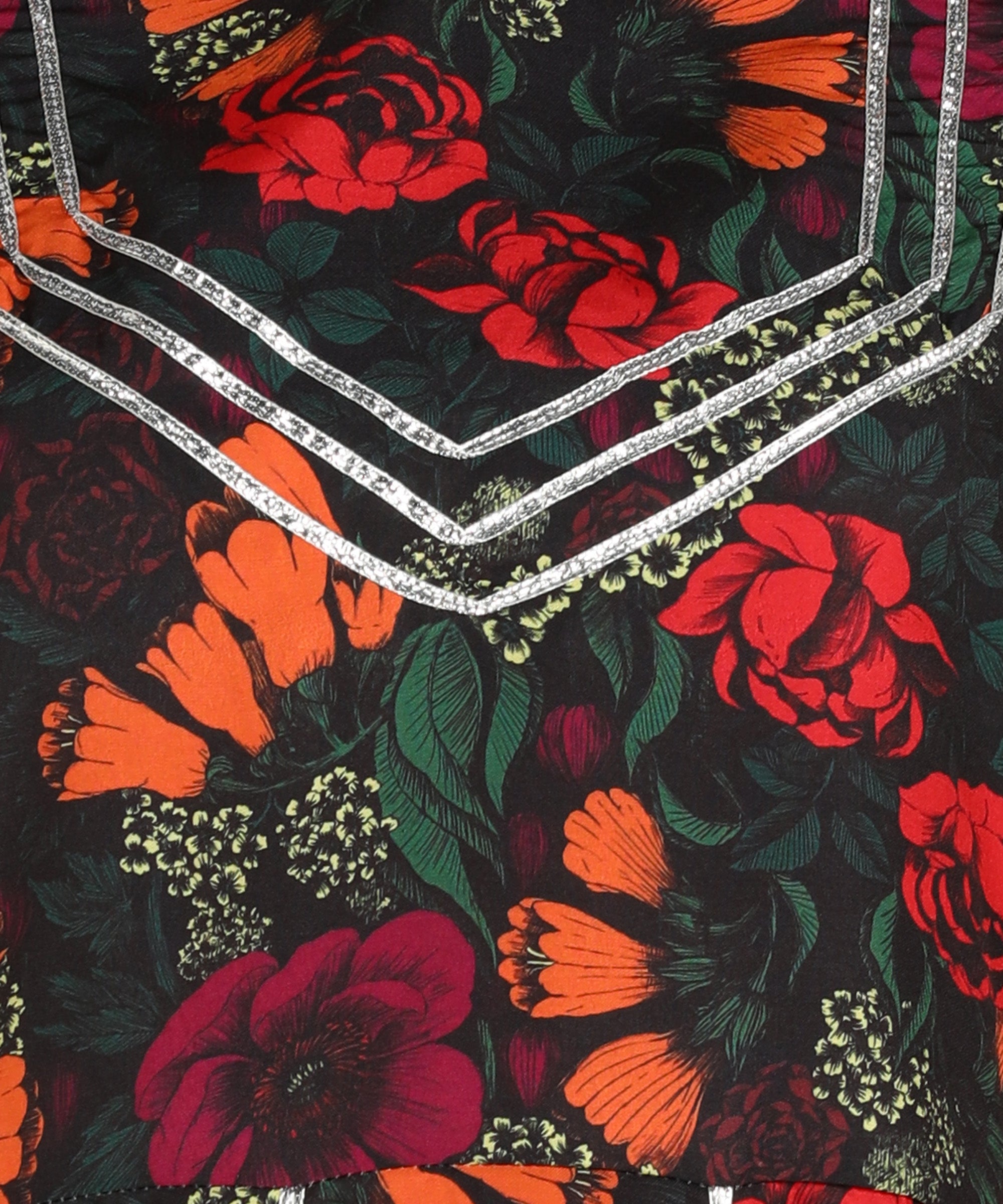 Floral Printed Black Dress With Silver Lace Details