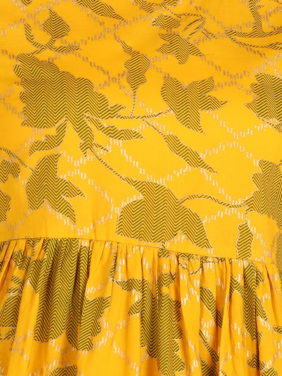 Gold & Green Floral Printed Yellow Dress