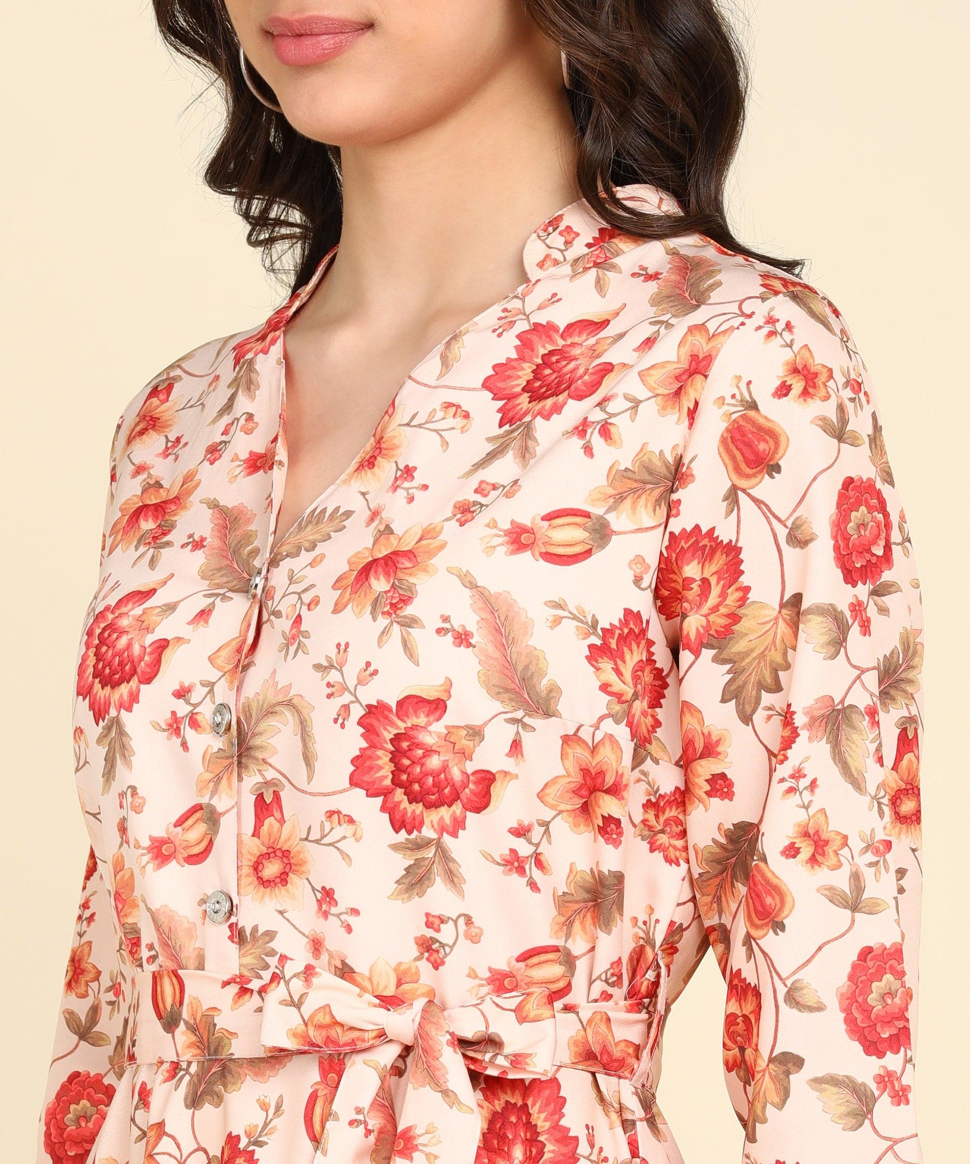 Red Floral Printed Beige Flared Dress - Znxclothing