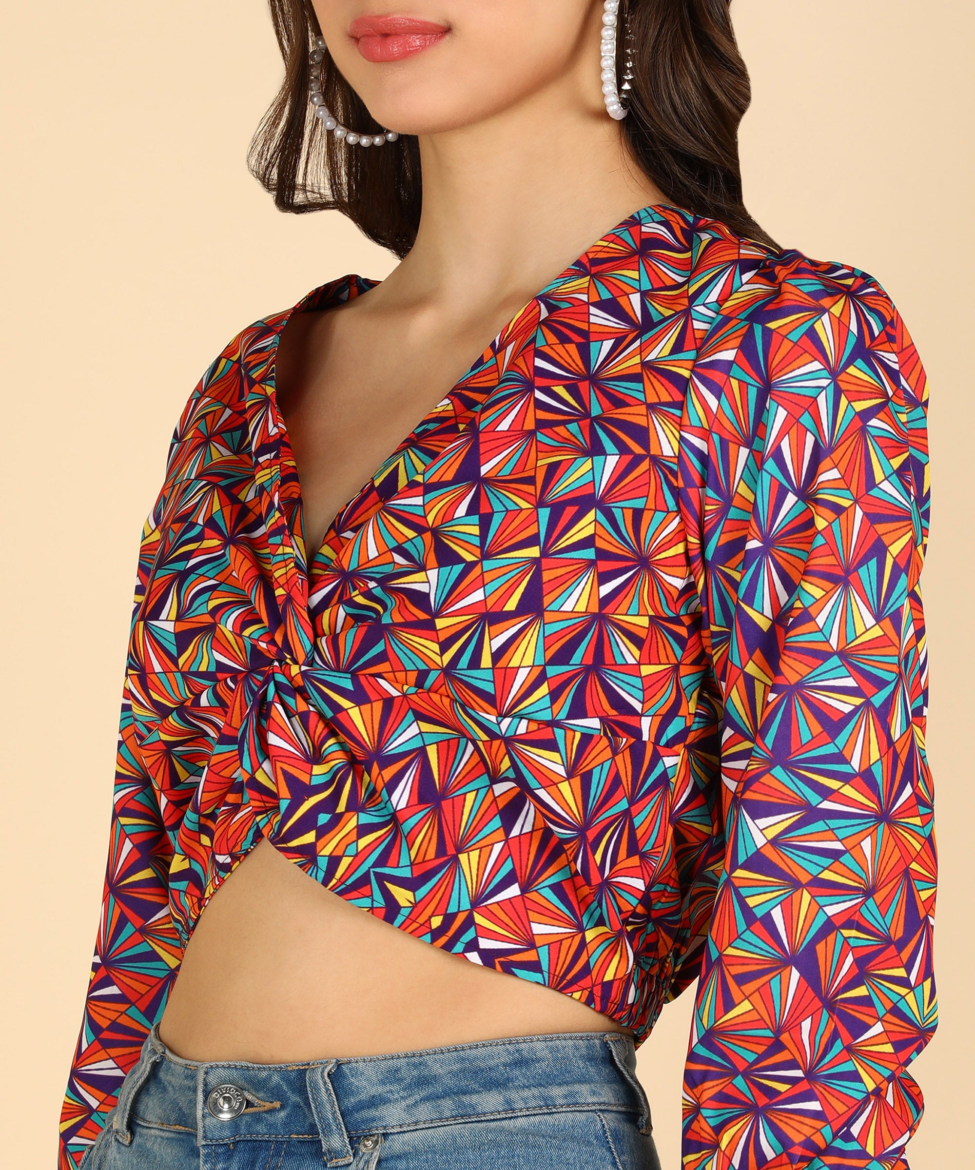 Multicolor Printed Front Knot Stylish Crop Top