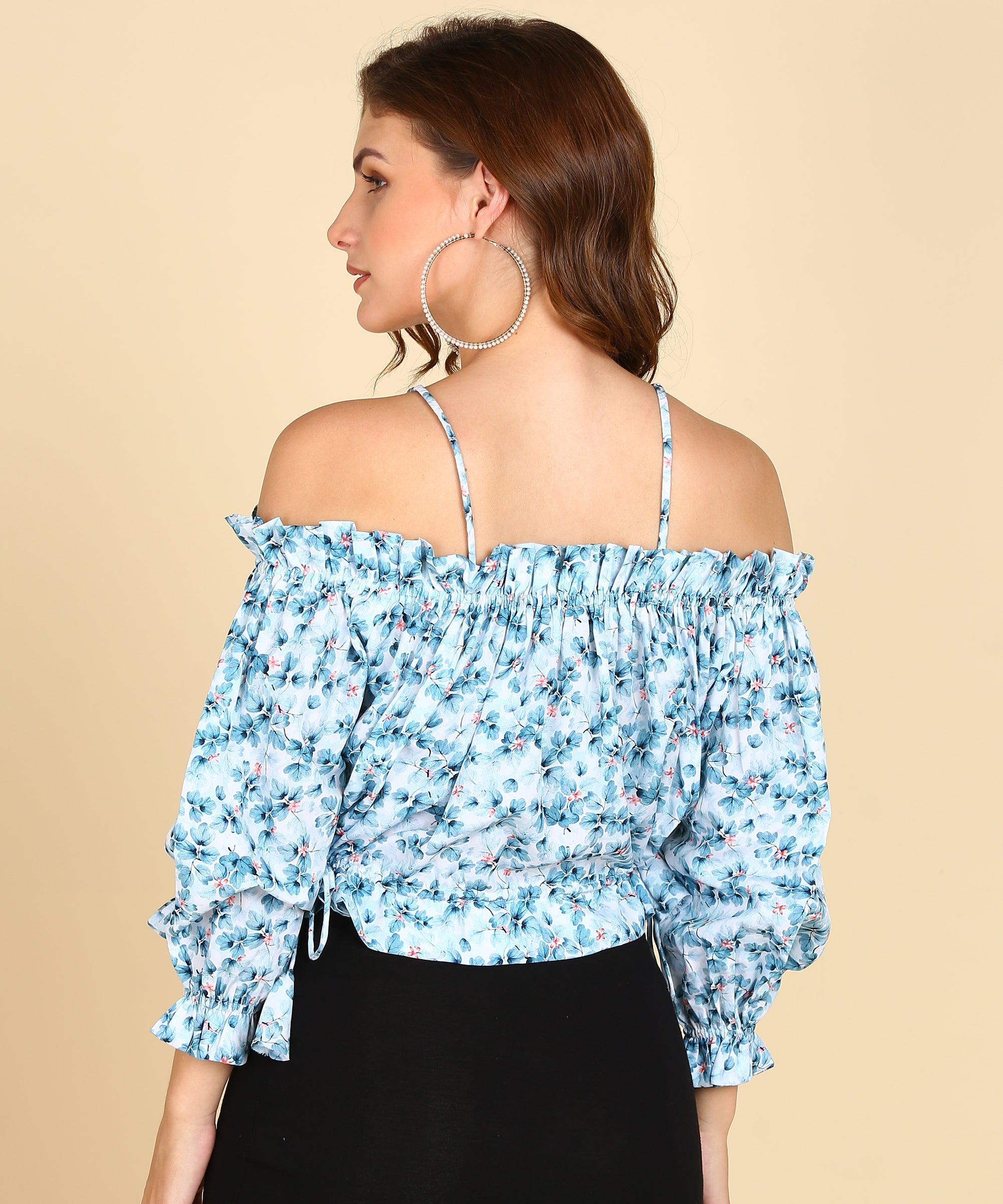 Sky Blue Floral Printed Bardot Top - Znxclothing