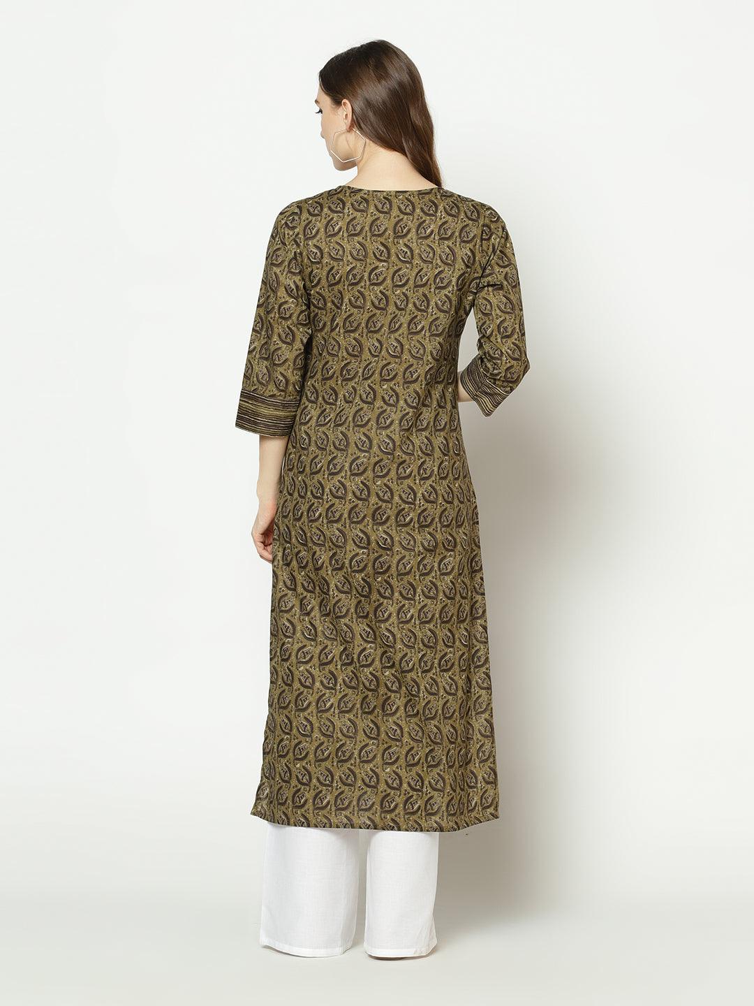 Znx Women Olive Green Floral Printed Straight Kurta - Znxclothing