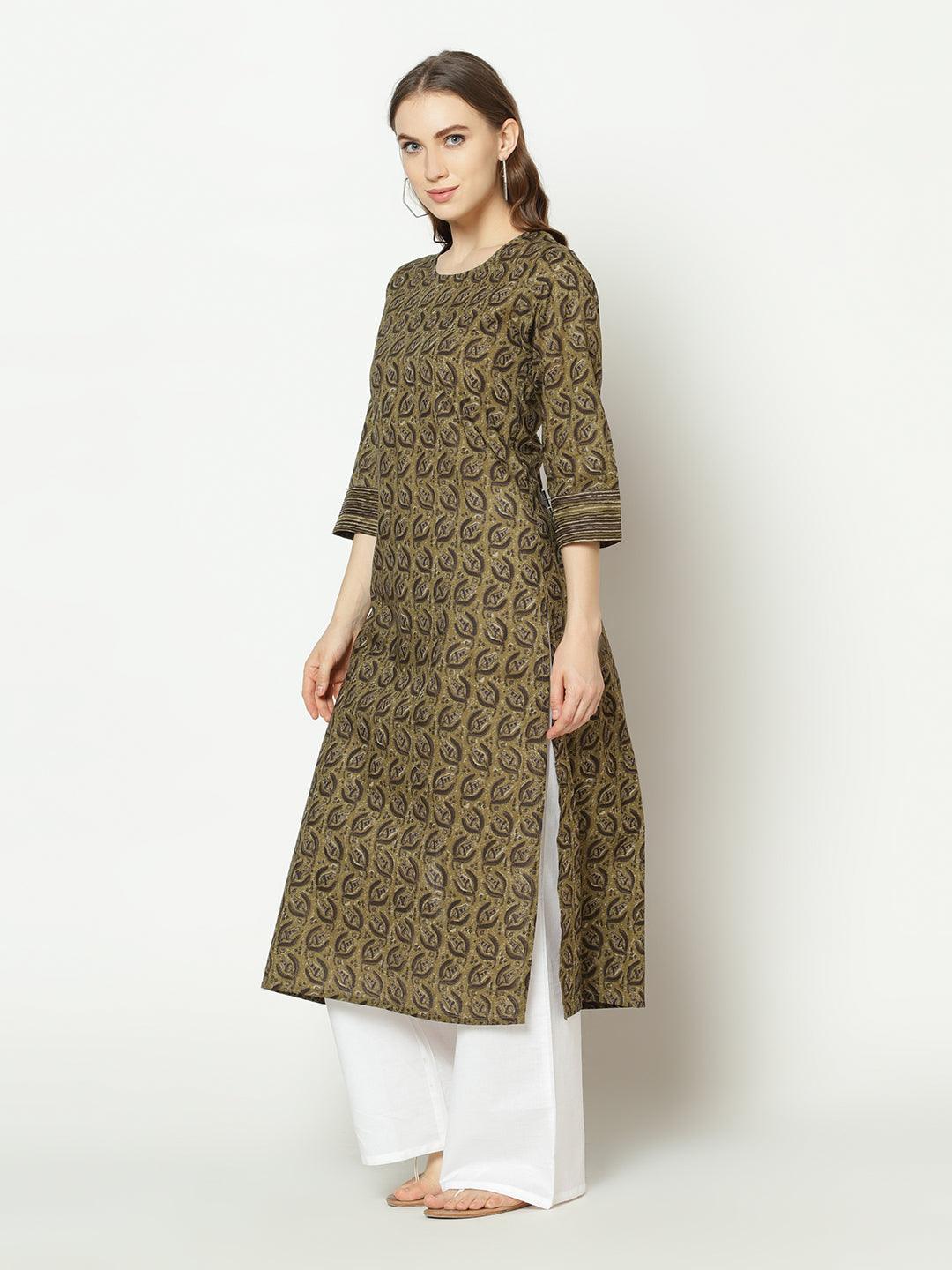 Znx Women Olive Green Floral Printed Straight Kurta - Znxclothing